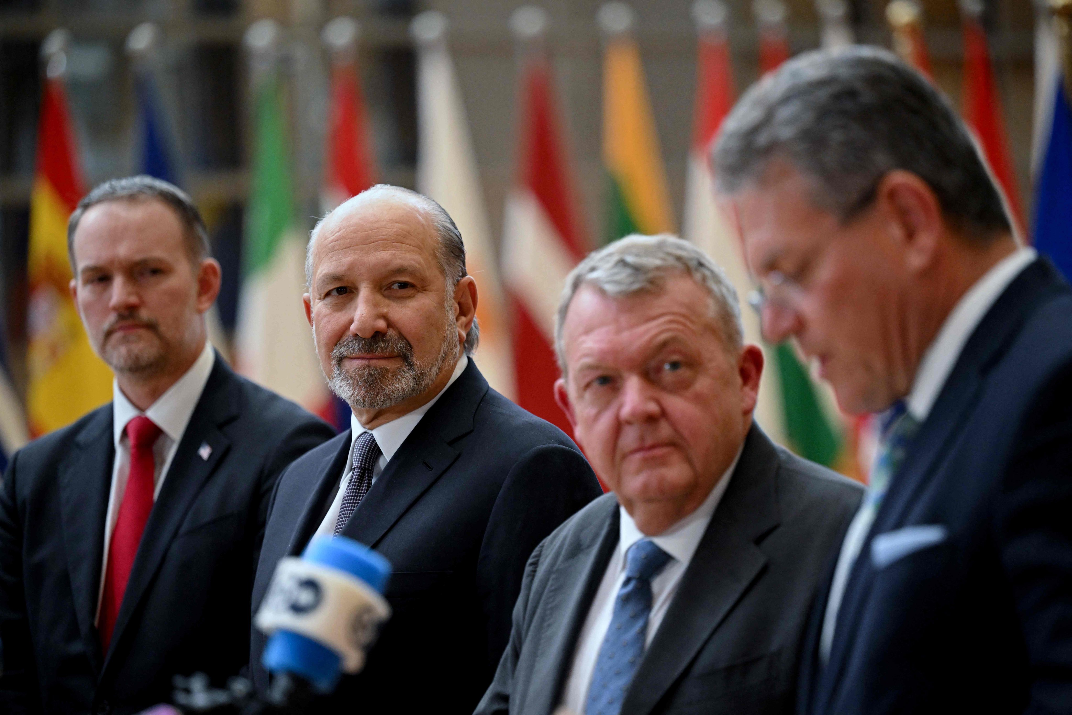 (From left) US Trade Representative Jamieson Greer, US Commerce Secretary Howard Lutnick, Danish Foreign Minister Lars Lokke Rasmussen, and EU trade and economic security commissioner Maros Sefcovic hold a joint press briefing in Brussels on Monday. Photo: AFP