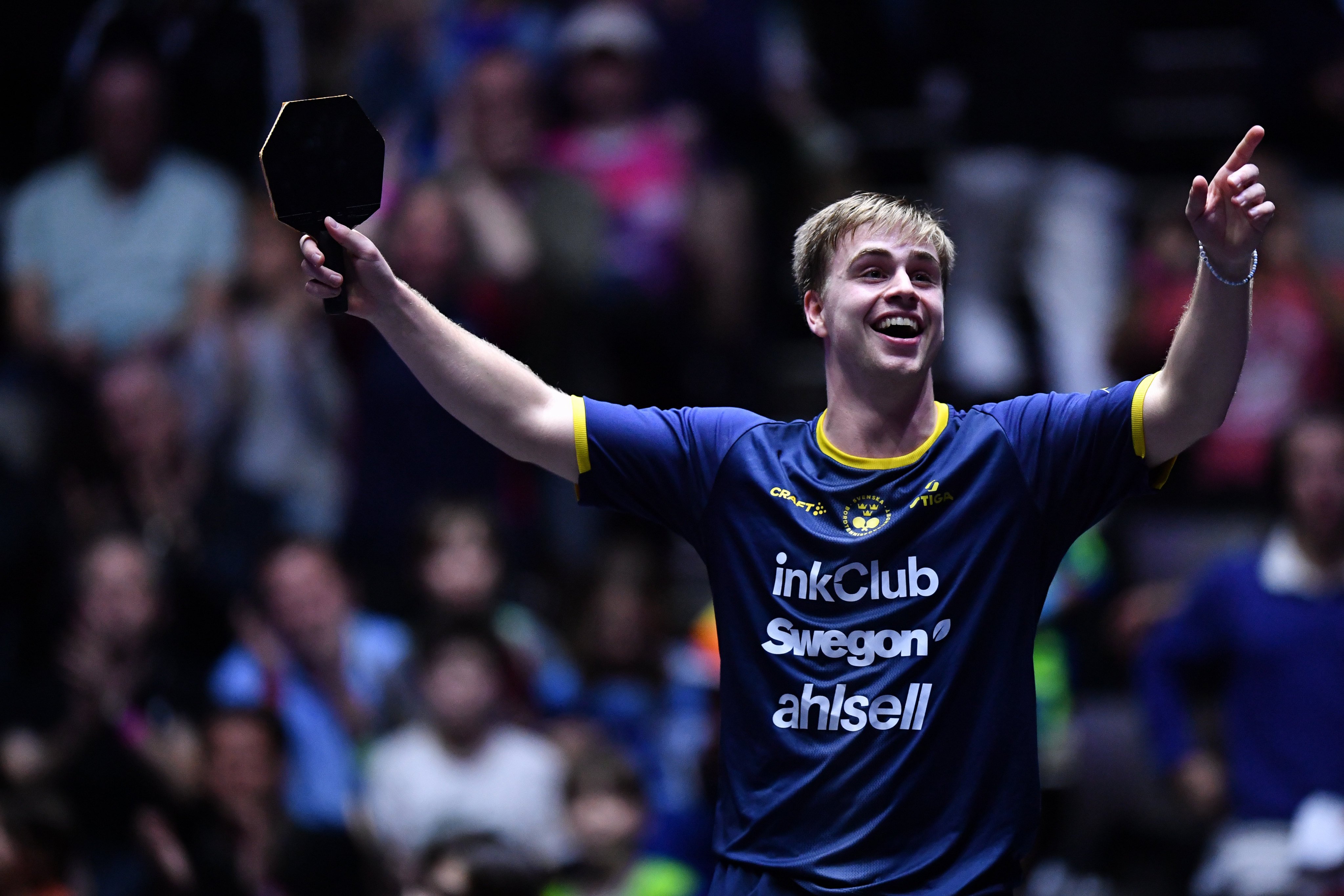 Truls Moregard celebrates winning the WTT Champions Montpellier tournament this month. Photo: Xinhua