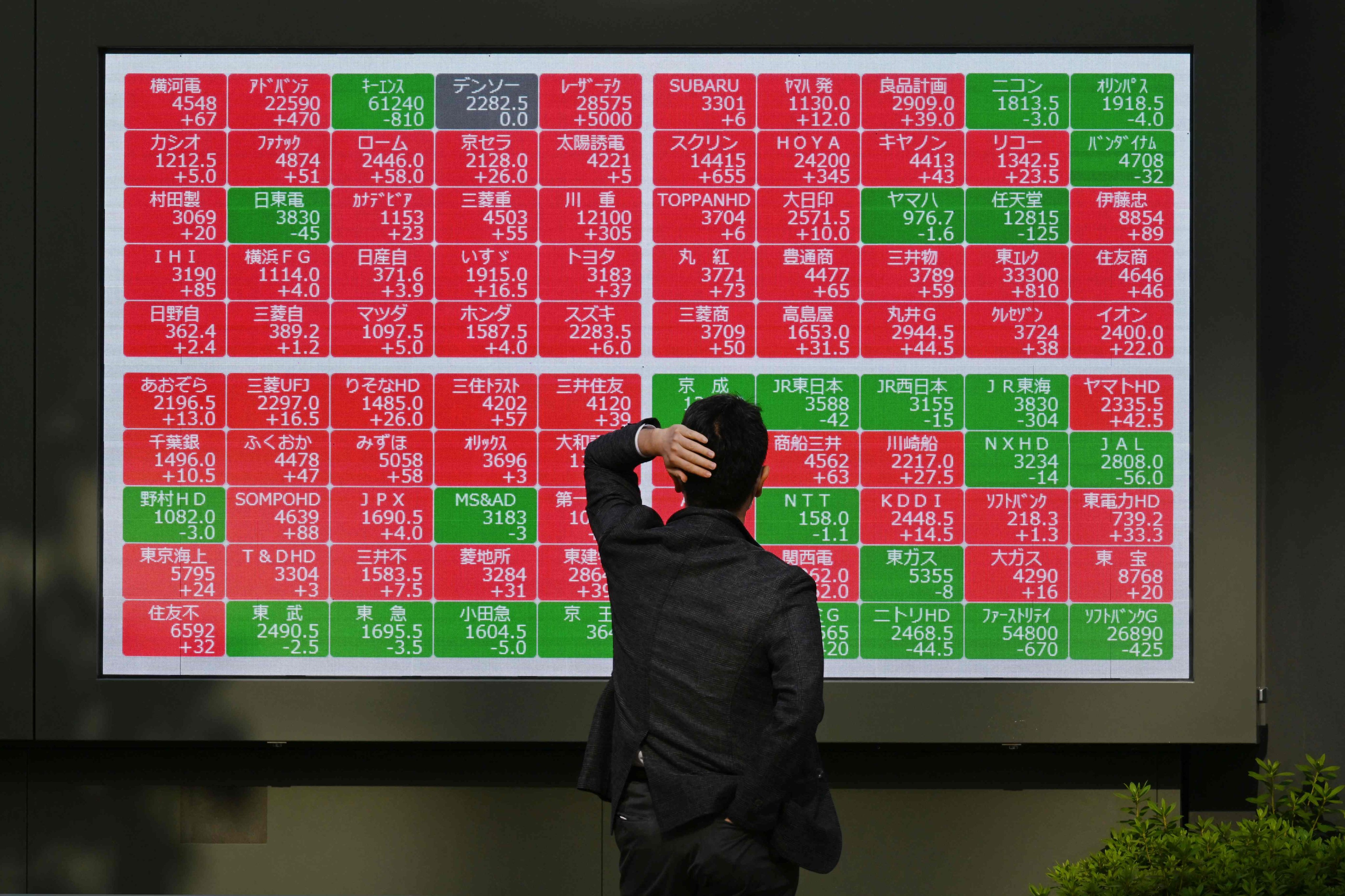 A man looks at a board displaying stock prices on the Tokyo Stock Exchange last month. Photo: AFP
