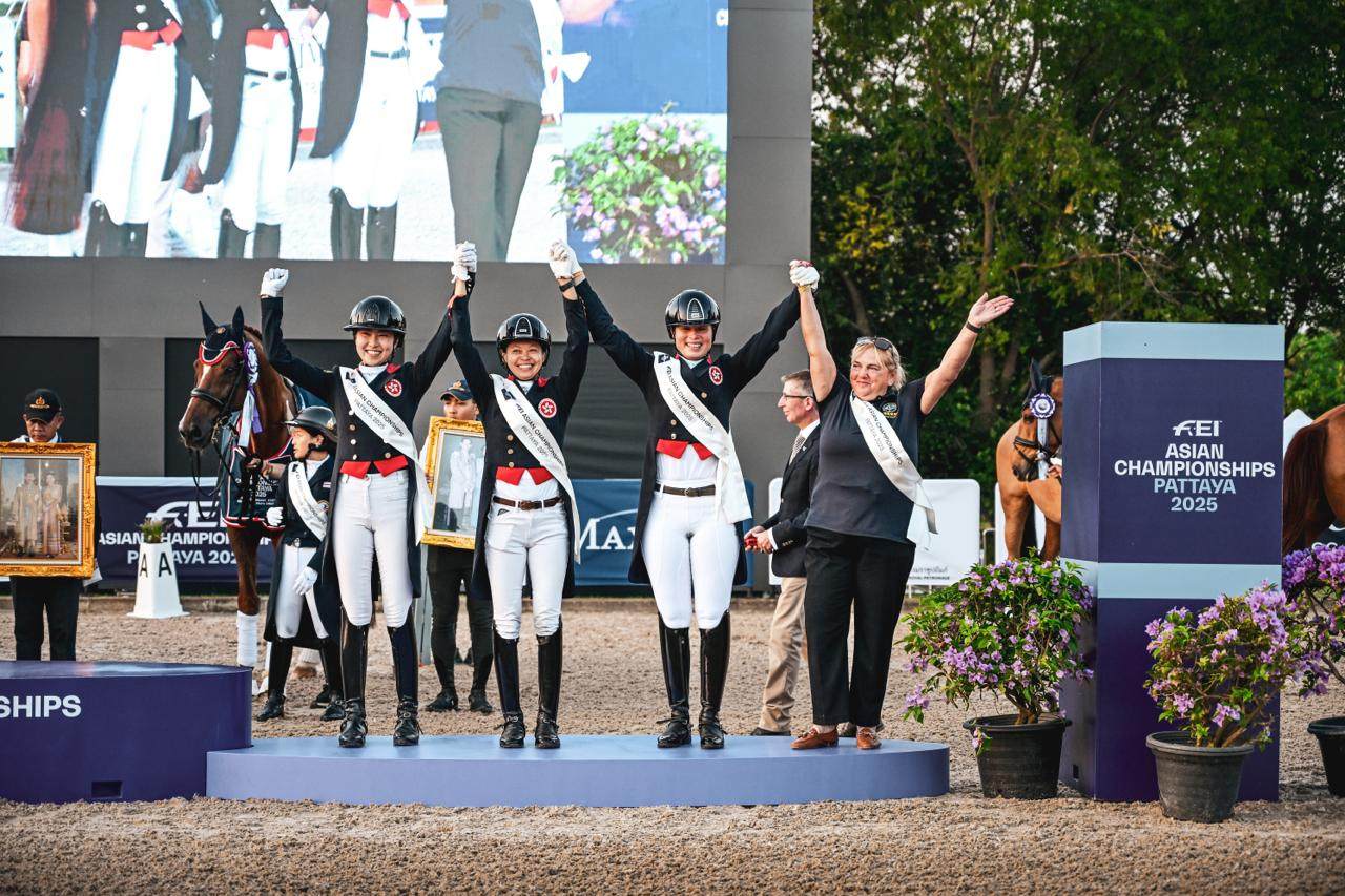 (From left) Samantha Chan, Annie Ho and Jacqueline Siu on the podium to collect their bronze medals. Photo: Hong Kong Jockey Club