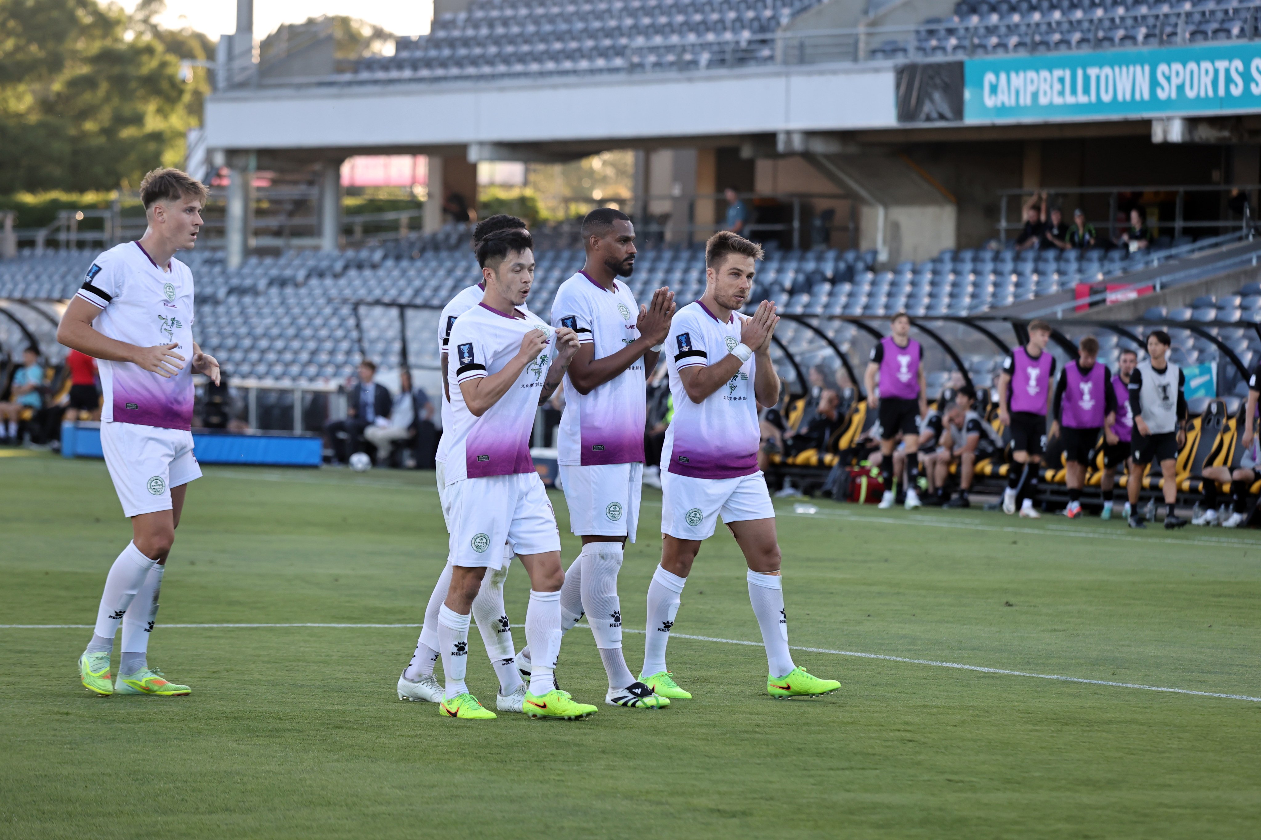 Igor Sartori (right) and his Tai Po teammates decline to celebrate his goal in Sydney. Photo: Tai Po FC