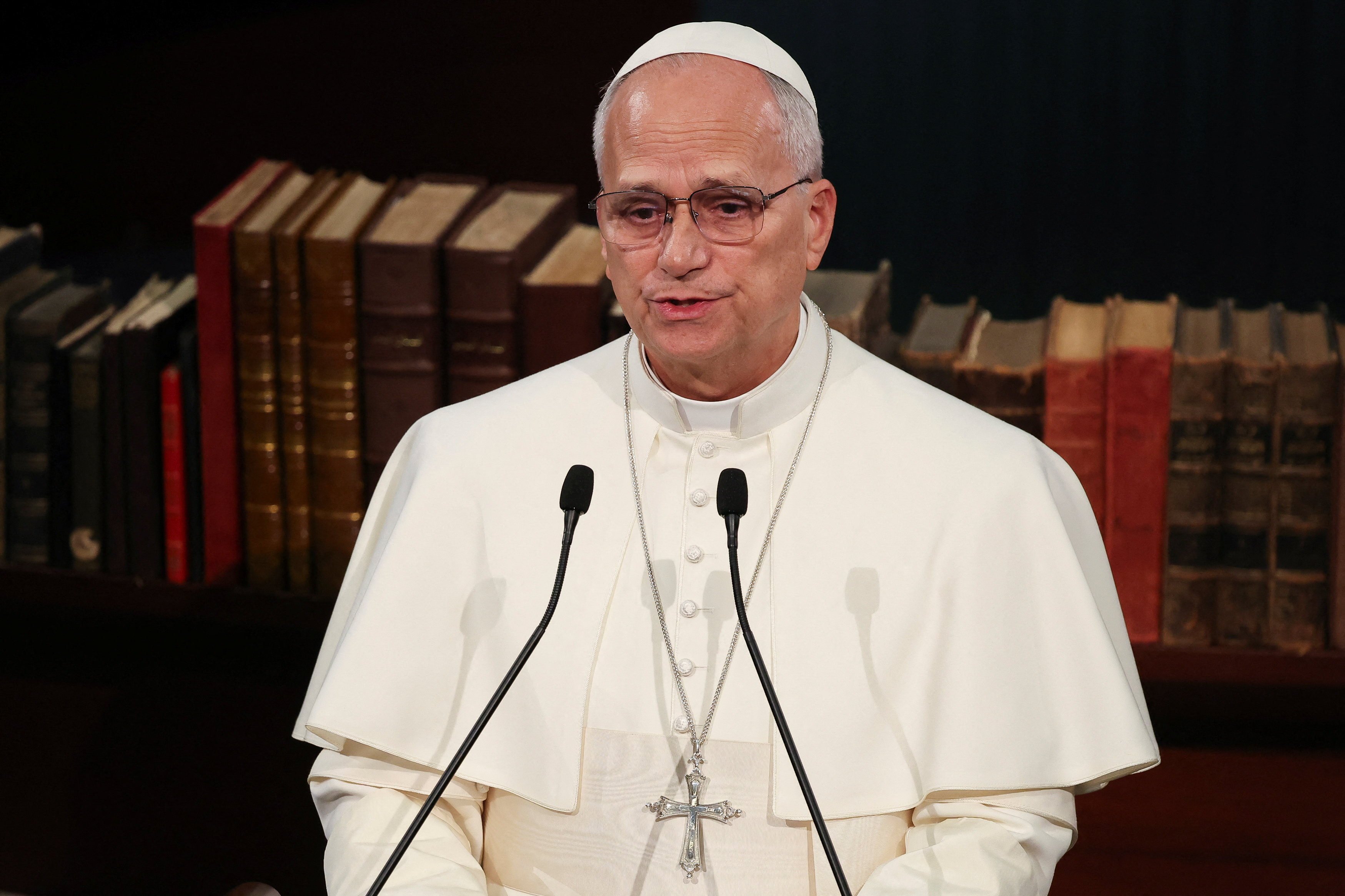 Pope Leo speaks at the National Library of the Presidential Palace, during his first apostolic journey, in Ankara, Turkey on Thursday. Photo: Reuters
