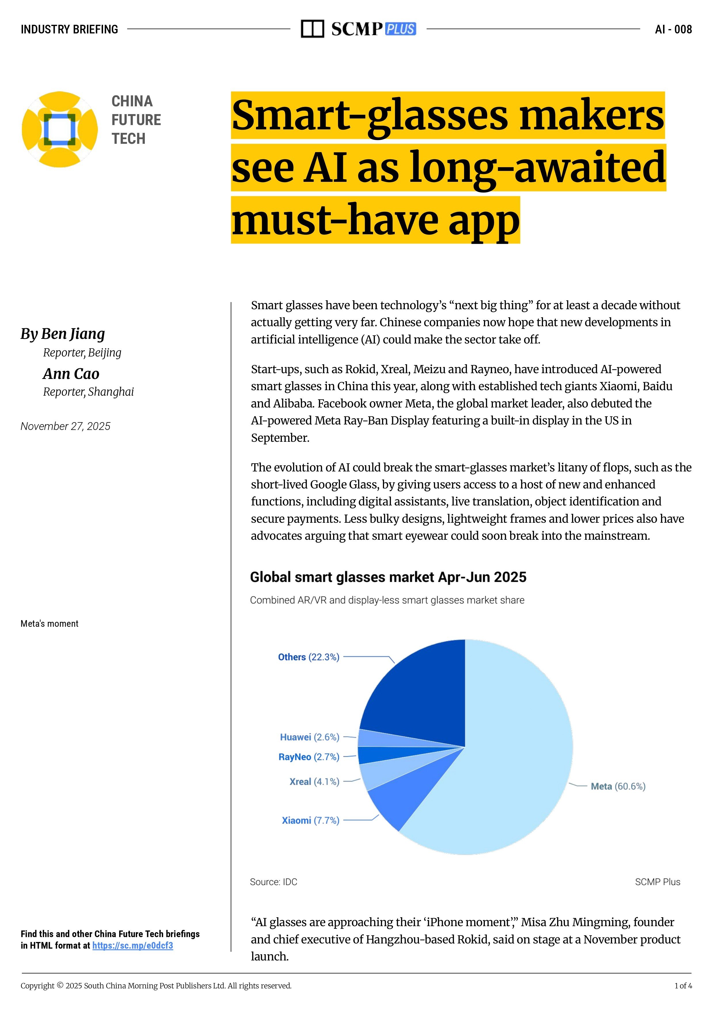 Smart-glasses makers see AI as long-awaited must-have app