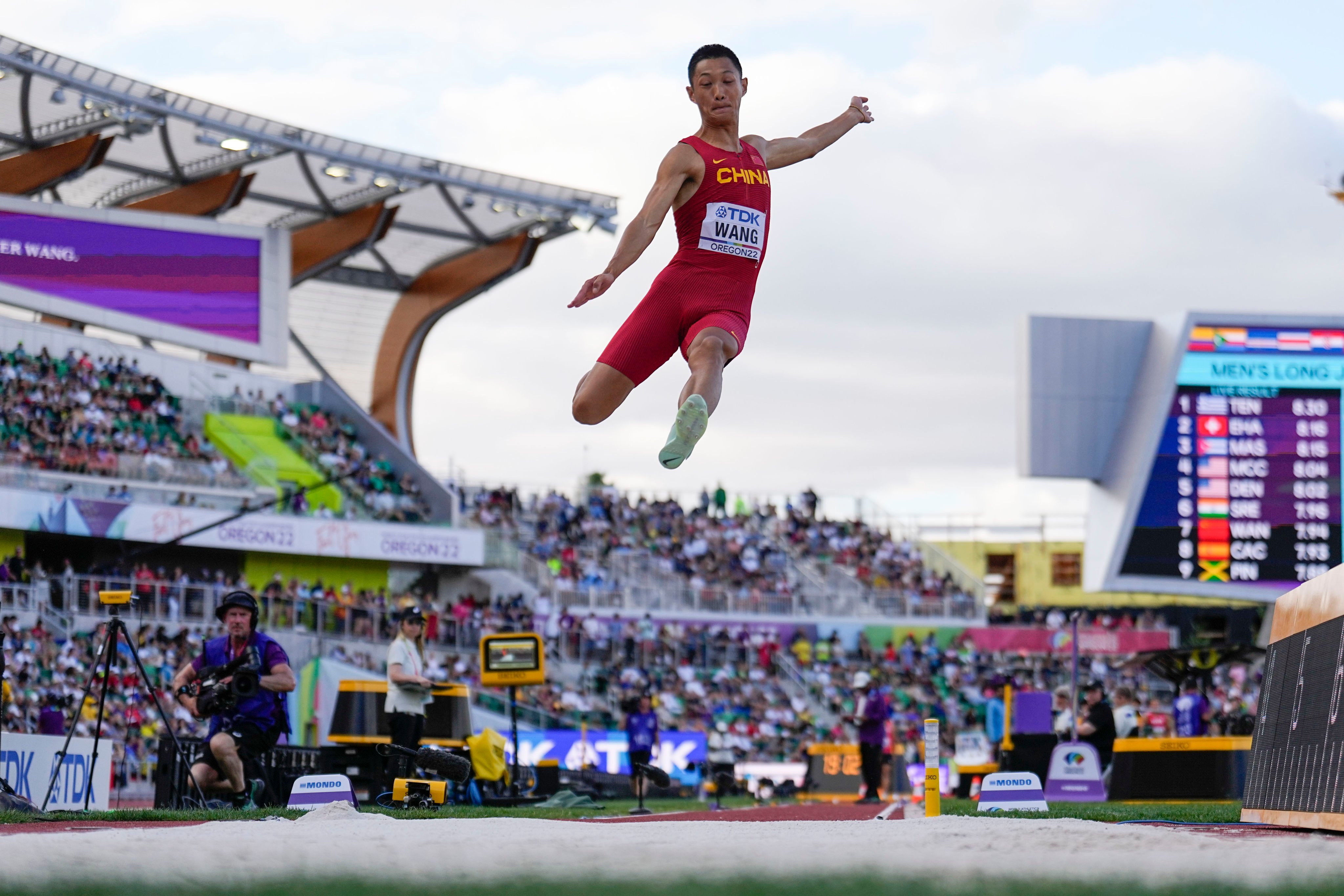 Wang Jianan became the first man from Asia to win a long jump gold medal at the World Athletics Championships when he did so in Eugene, Oregon, in 2022. Photo: AP