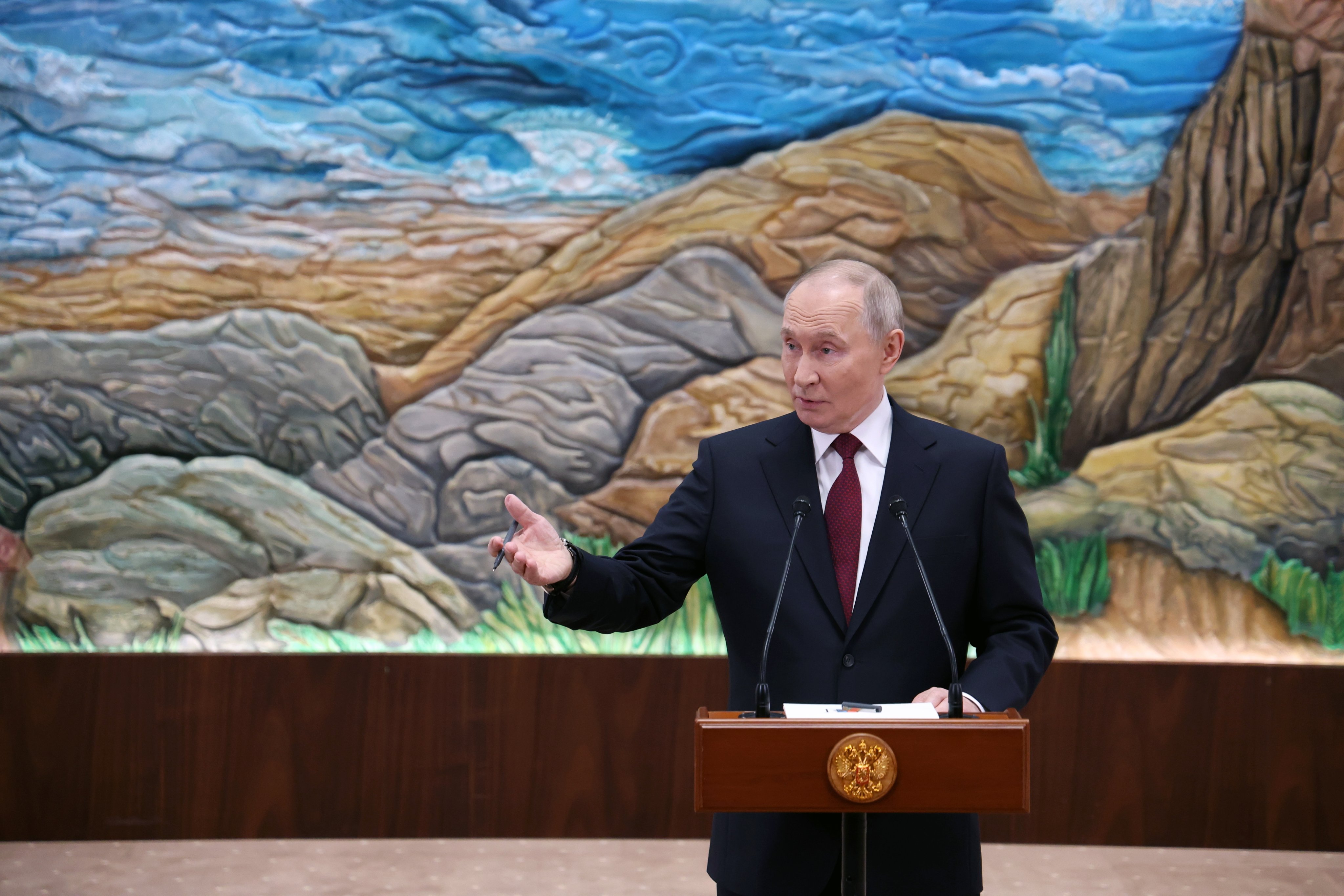 Russian President Vladimir Putin attends a press conference in Bishkek, Kyrgyzstan, on Thursday. Photo: EPA/Sputnik/Kremlin