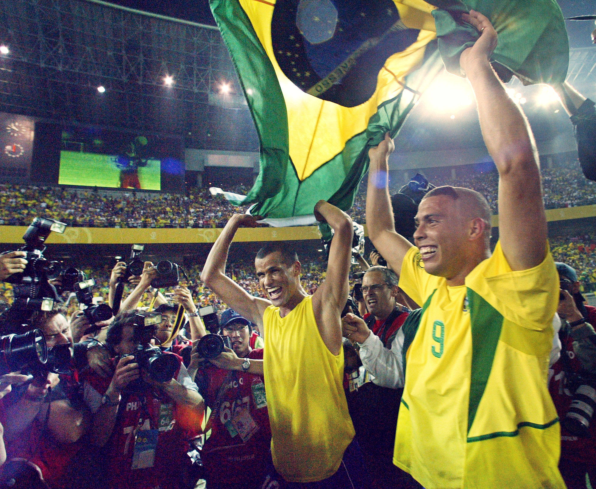 Brazil’s Rivaldo (left) and Ronaldo celebrate after beating Germany 2-0 in the 2002 World Cup final in Yokohama, Japan. Photo: AFP