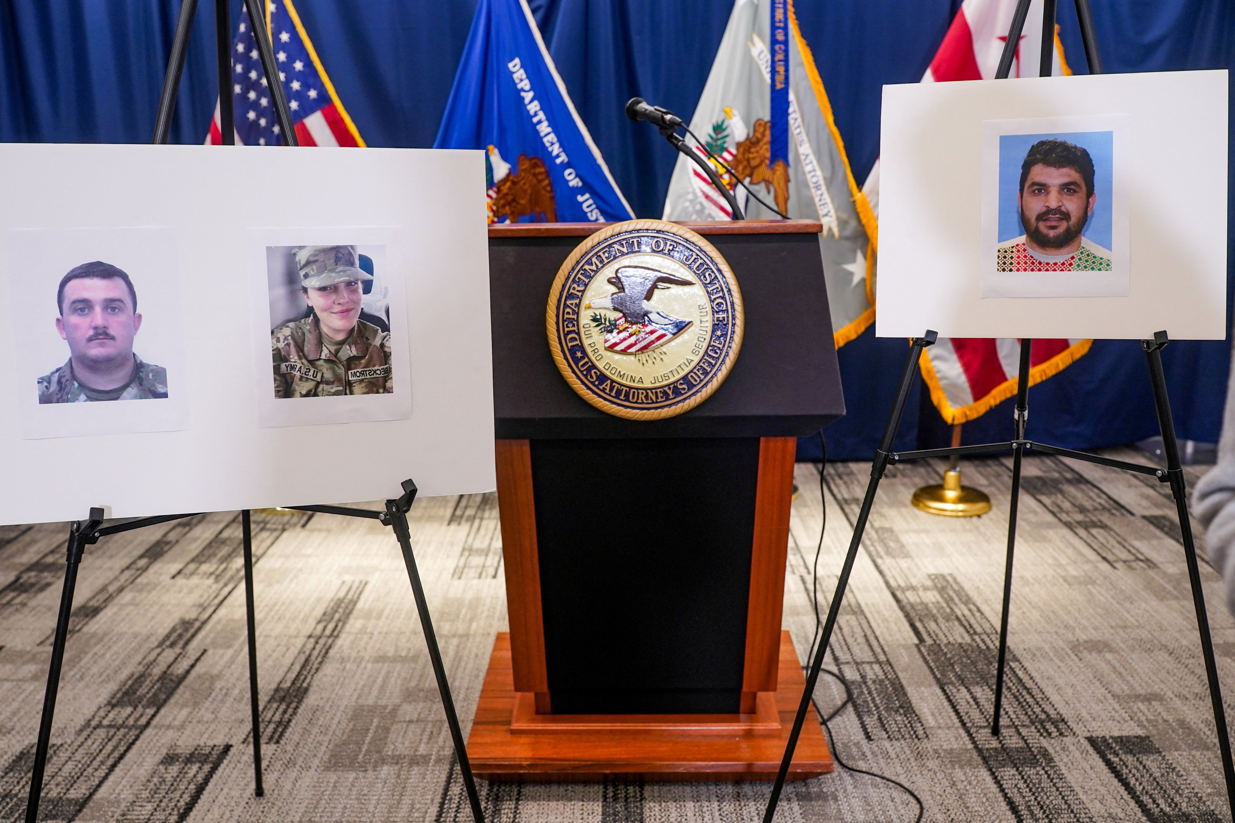 Pictures of National Guard members Andrew Wolfe and Sarah Beckstrom, who were shot on November 26 in Washington, next to a picture of the suspect, Rahmanullah Lakanwal. Photo: Reuters