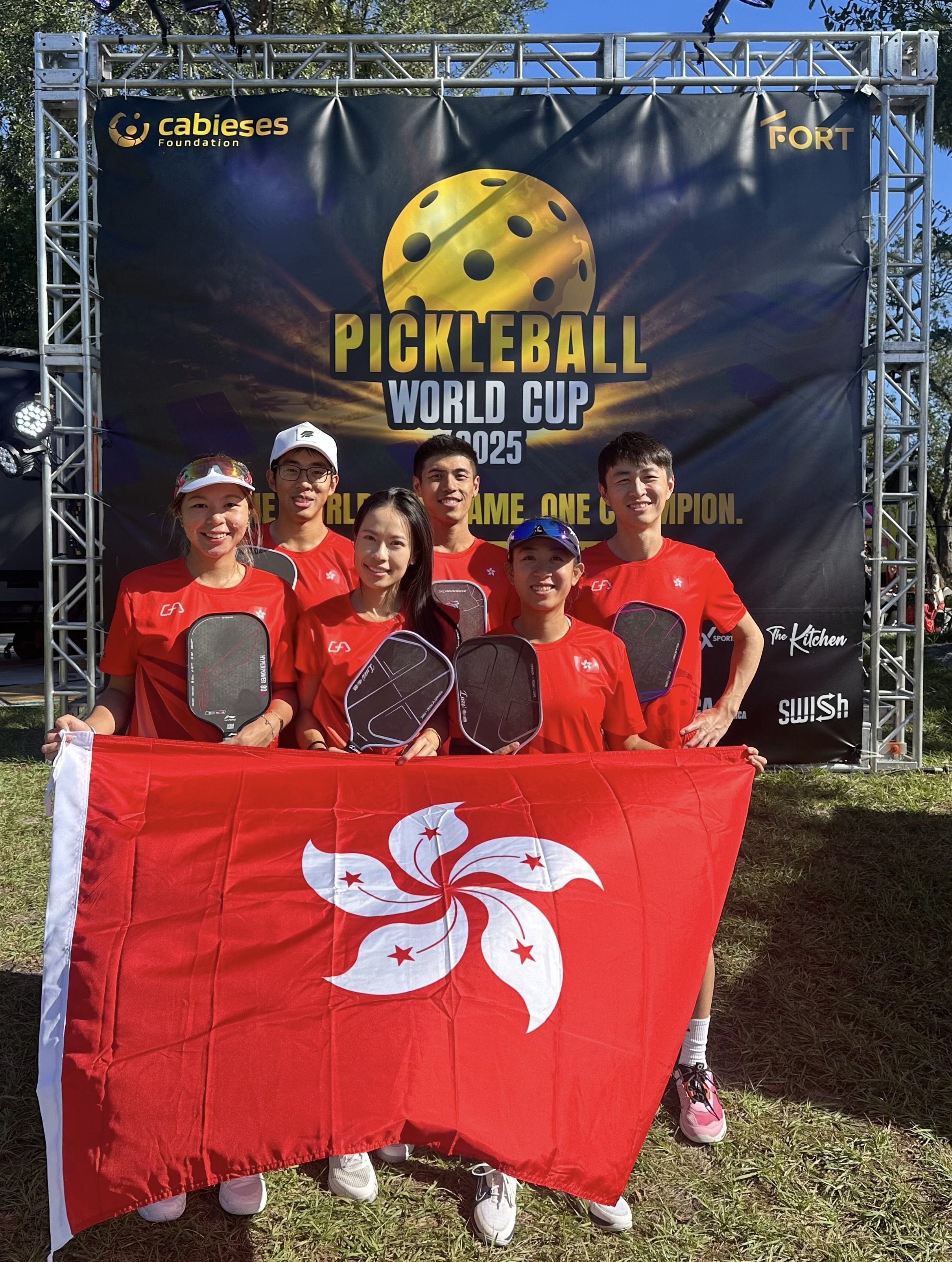 Venice Chan (front centre) with her Hong Kong teammates at the recent Pickleball World Cup in Florida. Photo: Handout