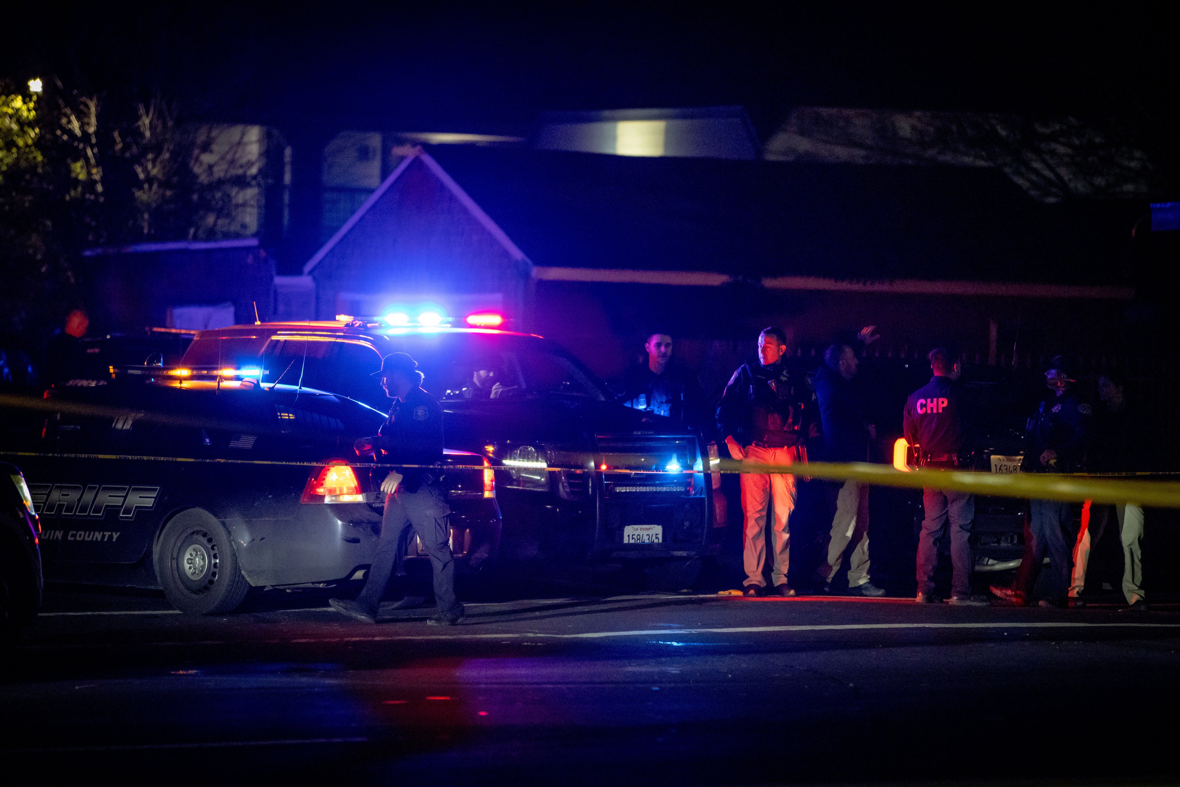 First responders at scene of a mass shooting in Stockton on Saturday night. Photo: AP