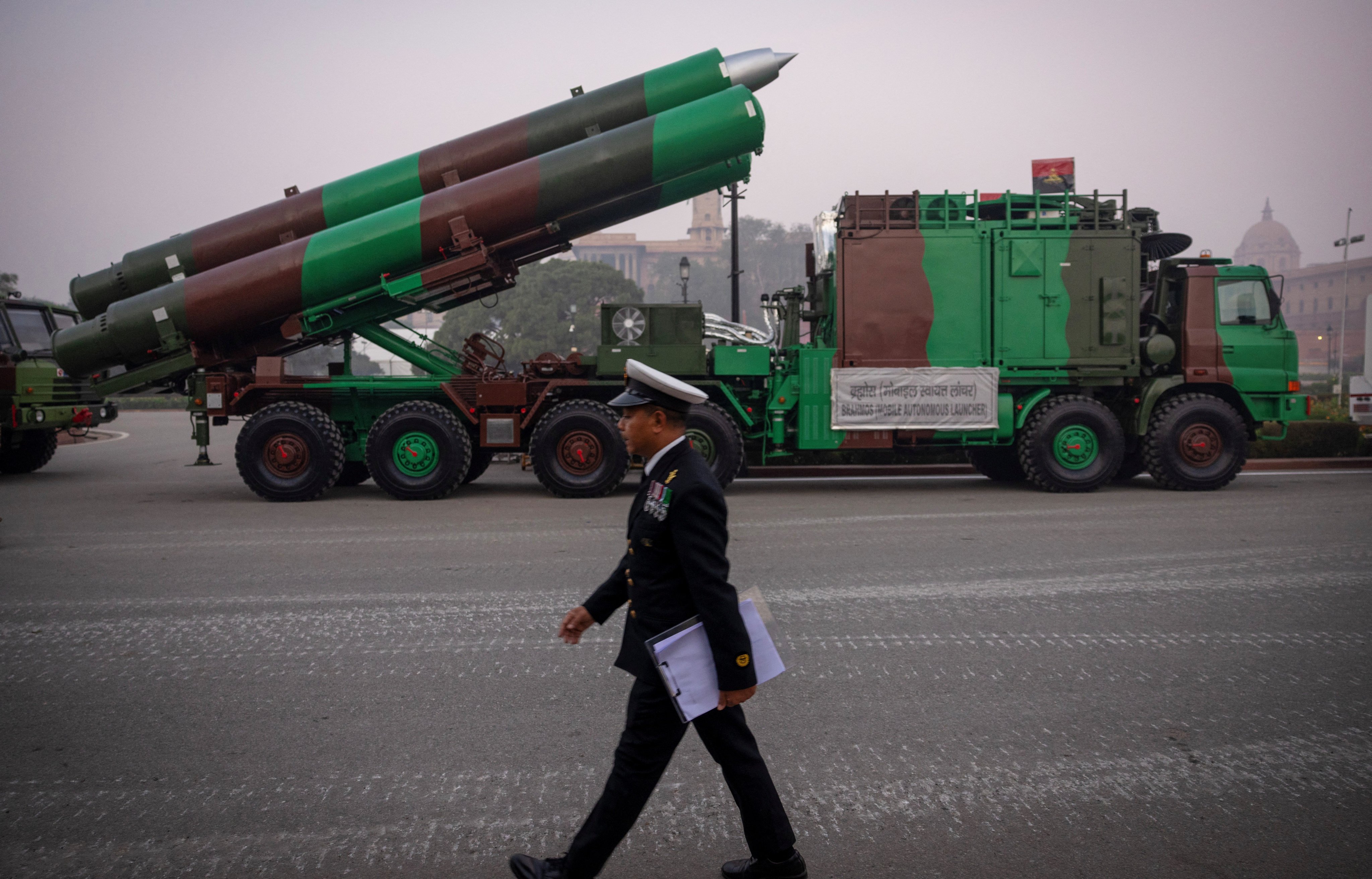 A Indian naval officer walks past a BrahMos weapon systems during a rehearsal for a Republic Day parade in New Delhi, India, on January 20. Photo: Reuters