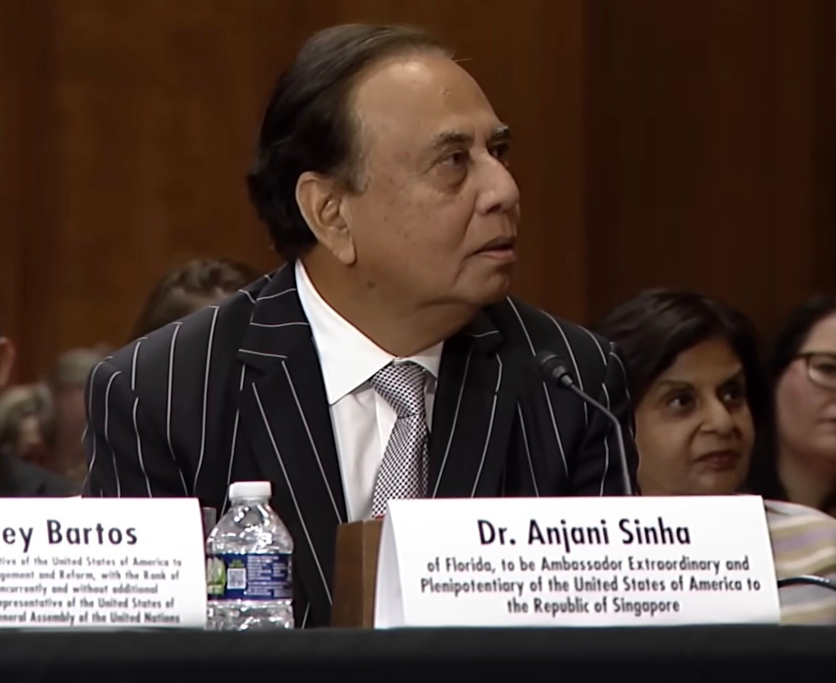 Then ambassador-nominee to Singapore, Anjani Sinha, facing questions from Illinois Senator Tammy Duckworth at a US Senate Foreign Relations Committee hearing in July. Photo: YouTube/Tammy Duckworth