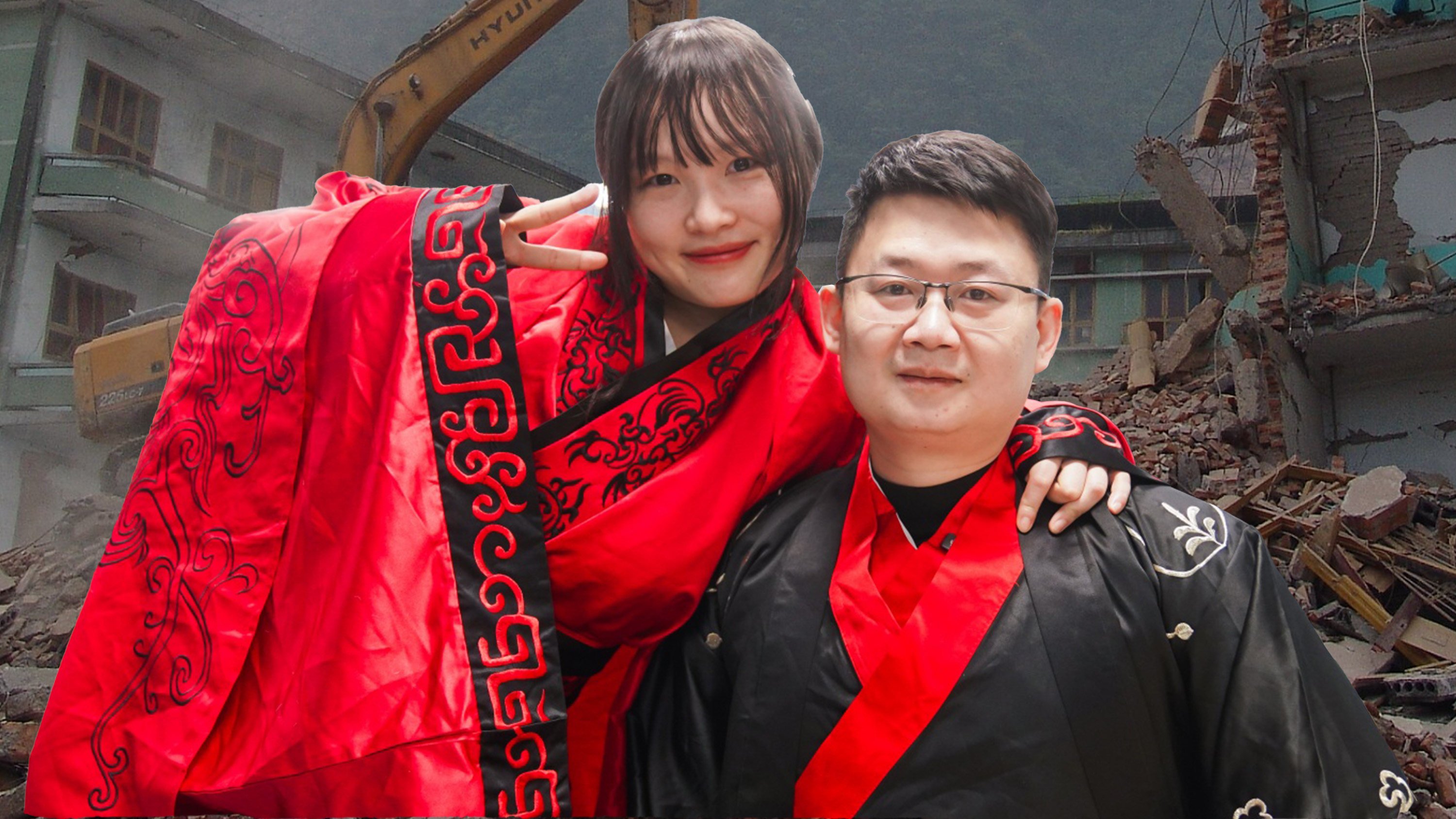 At a mass wedding in China a couple shared a touching love story: the woman, trapped under rubble during an earthquake aged 11, was saved by a rescuer. Years later, they met again, fell in love and got married. Photo: Douyin