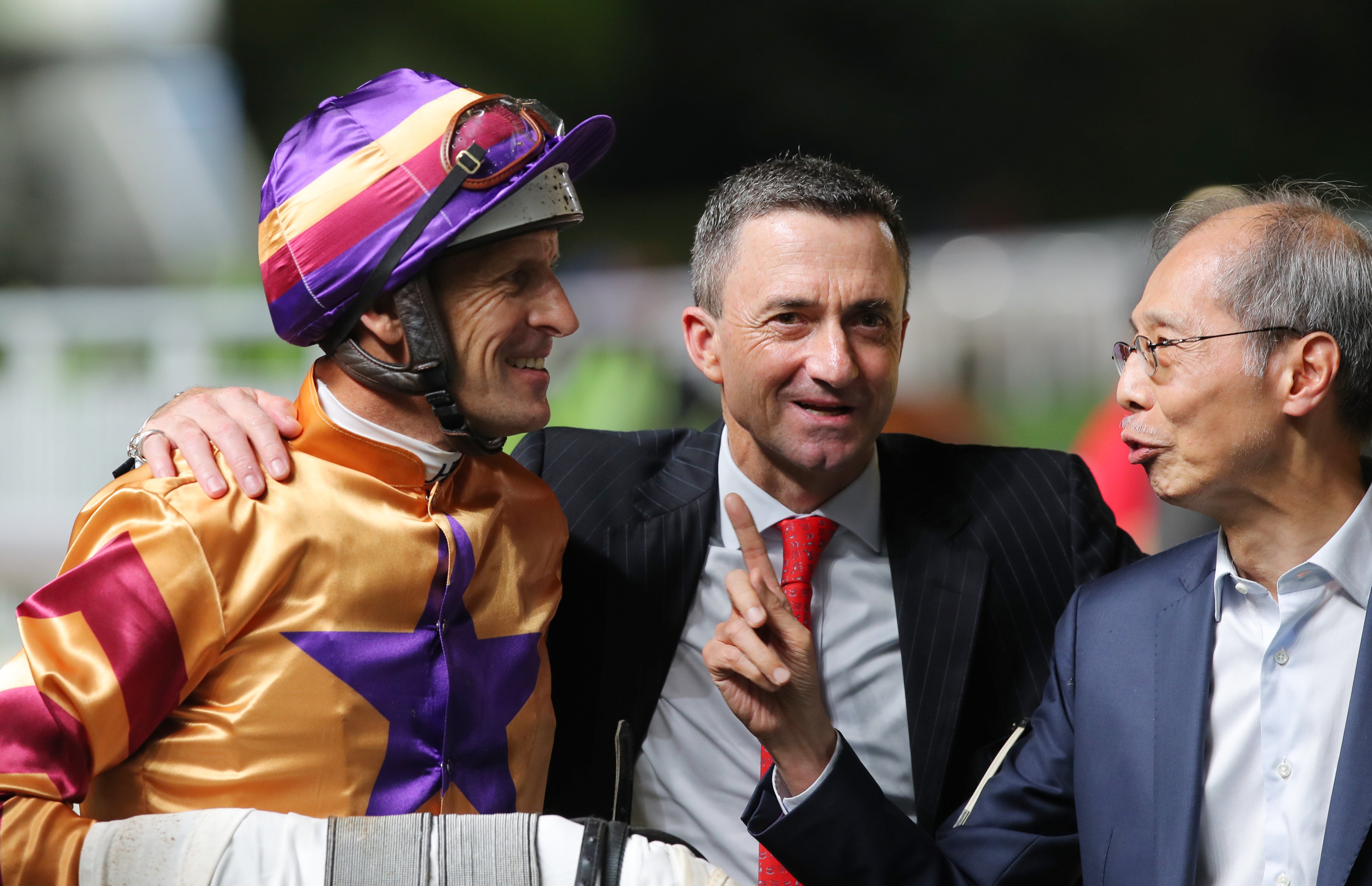 Jockey Hugh Bowman, trainer Douglas Whyte and connections enjoy Celestial Hero’s win in July. Photo: Kenneth Chan