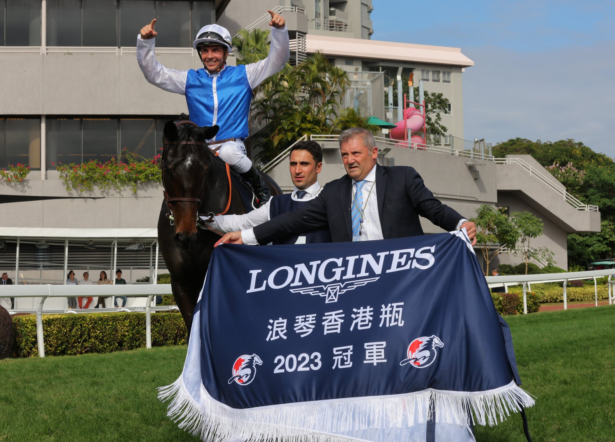 Jockey Maxime Guyon laps up Junko’s 2023 Group One Hong Kong Vase (2,400m) success.