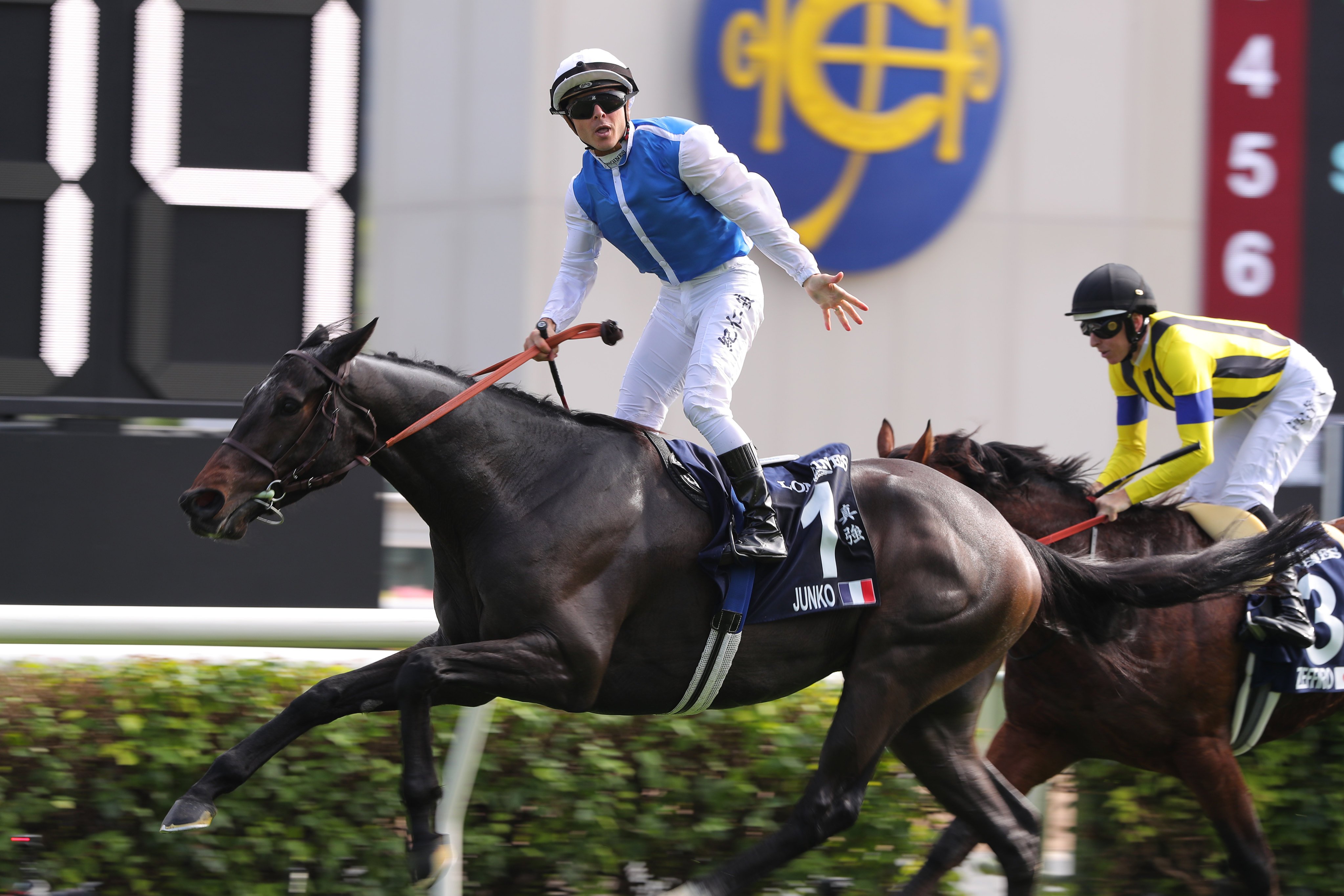 Maxime Guyon and Junko win the 2023 Group One Hong Kong Vase (2,400m). Photos: Kenneth Chan