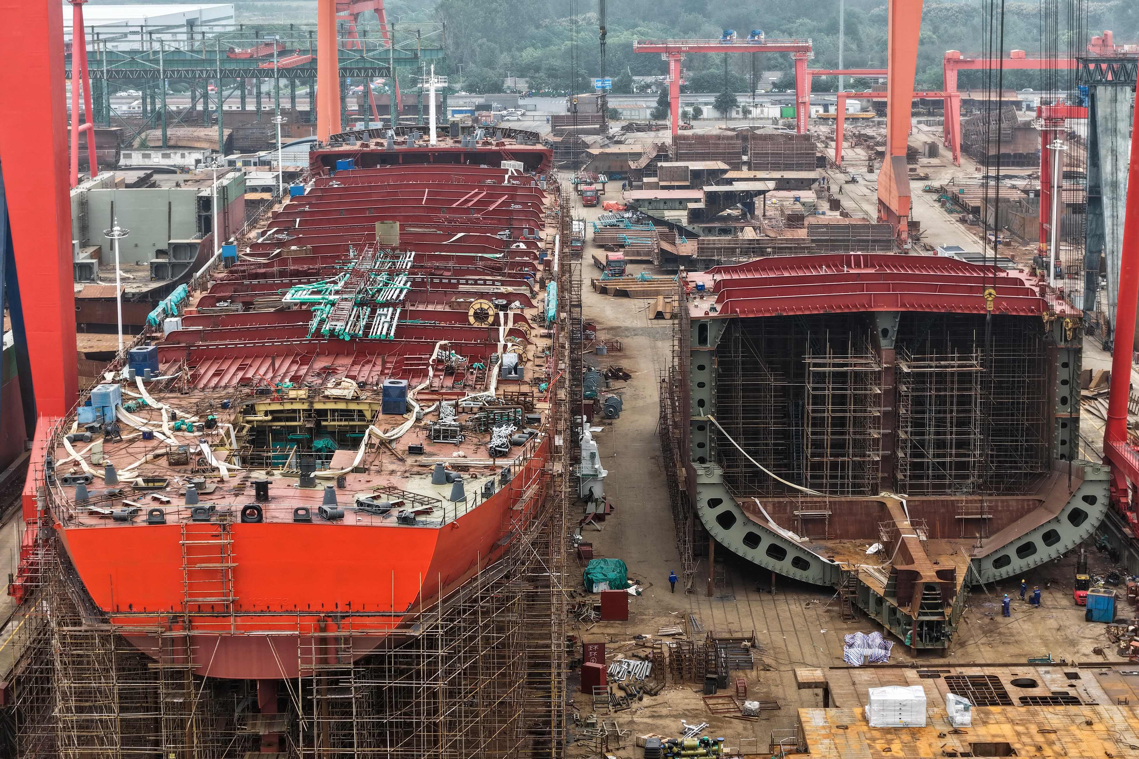An aerial view shows ships under construction at a shipbuilding facility along the Yangtze River in Yangzhou, Jiangsu province. Photo: AFP