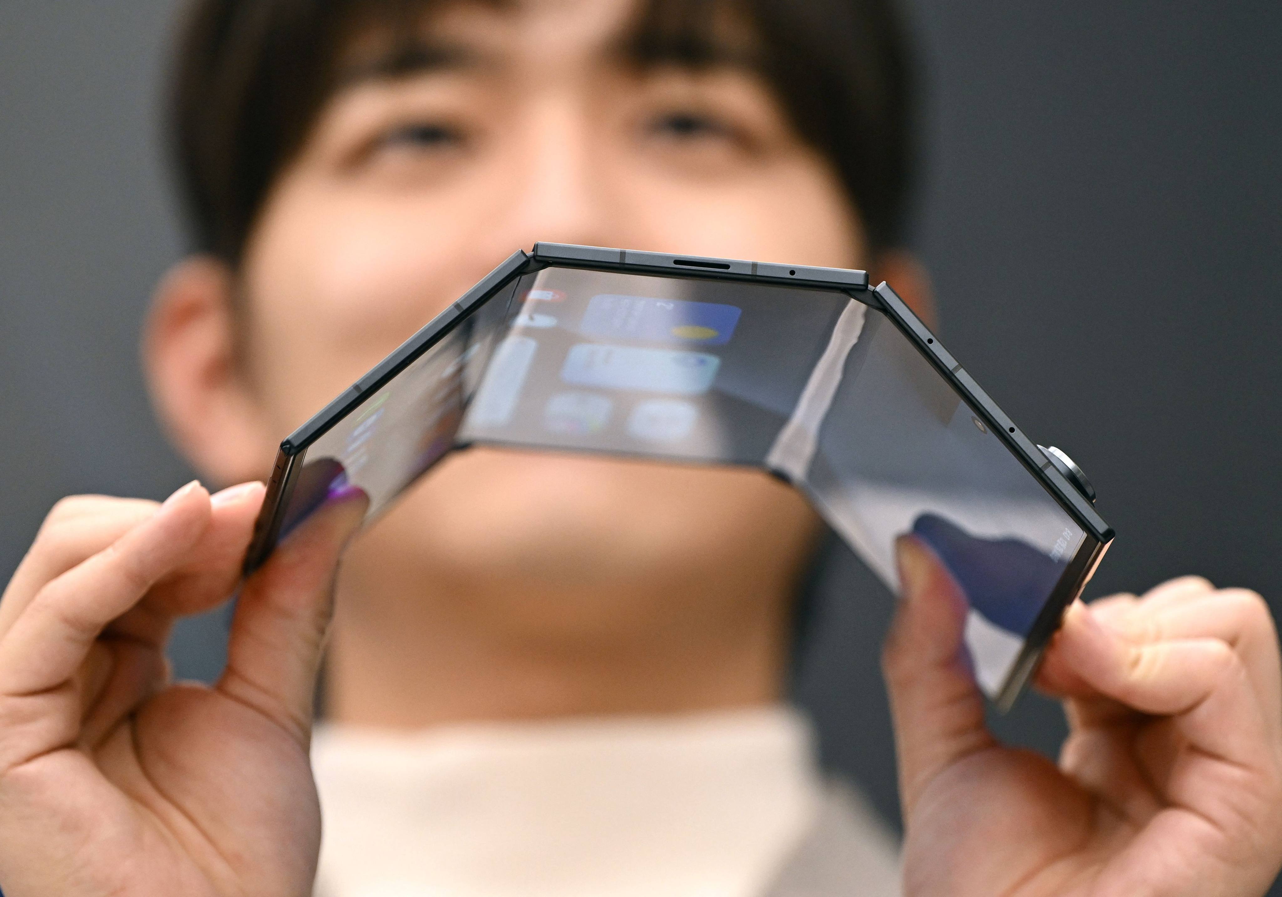 Samsung’s Galaxy Z TriFold smartphone is shown during a launch event in Seoul on Tuesday. Photo: AFP