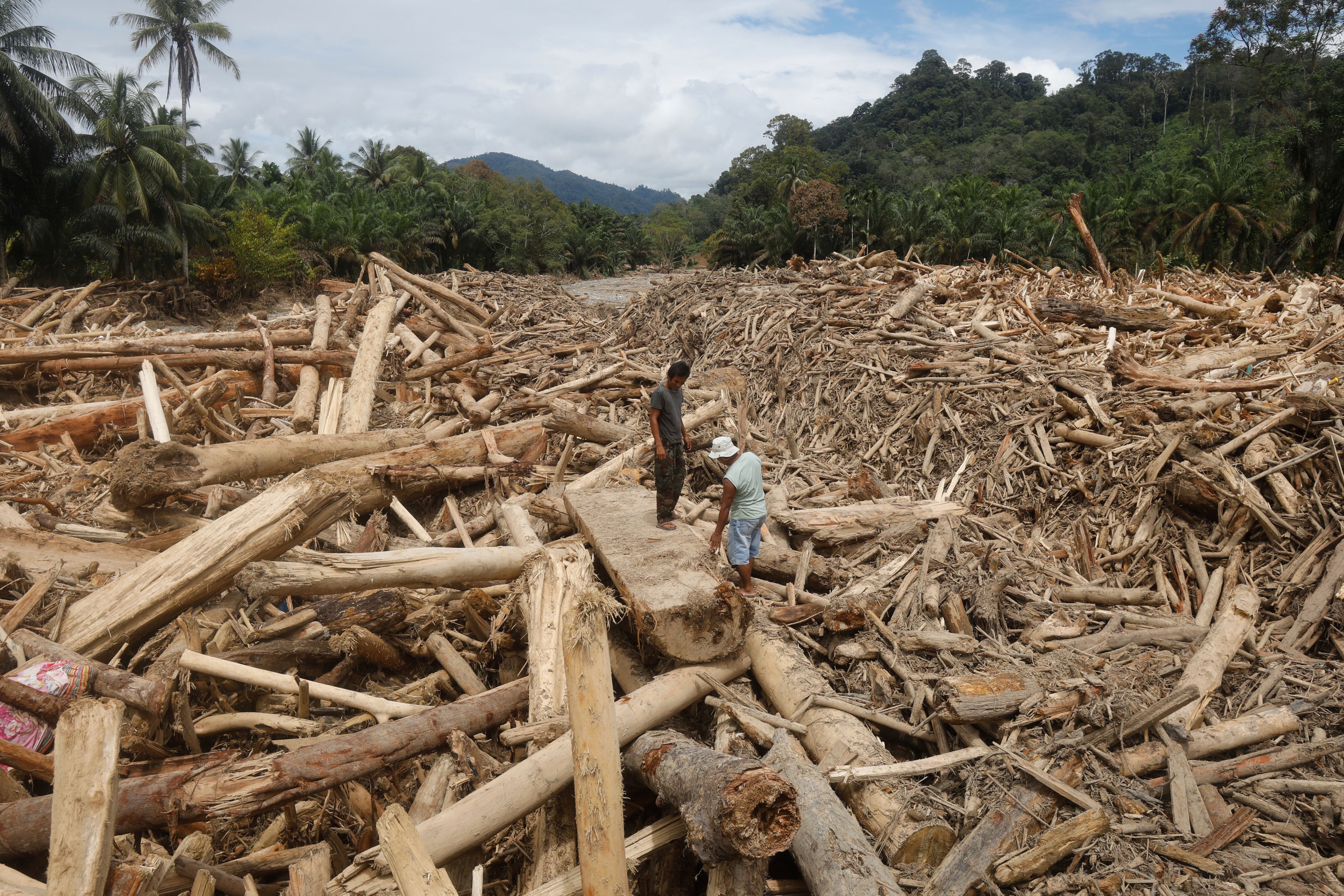 Men stand on logs swept away by flash floods in Batang Toru, North Sumatra, Indonesia, on Tuesday. The flooding has affected about 1.5 million people and displaced 570,000. Photo: AP