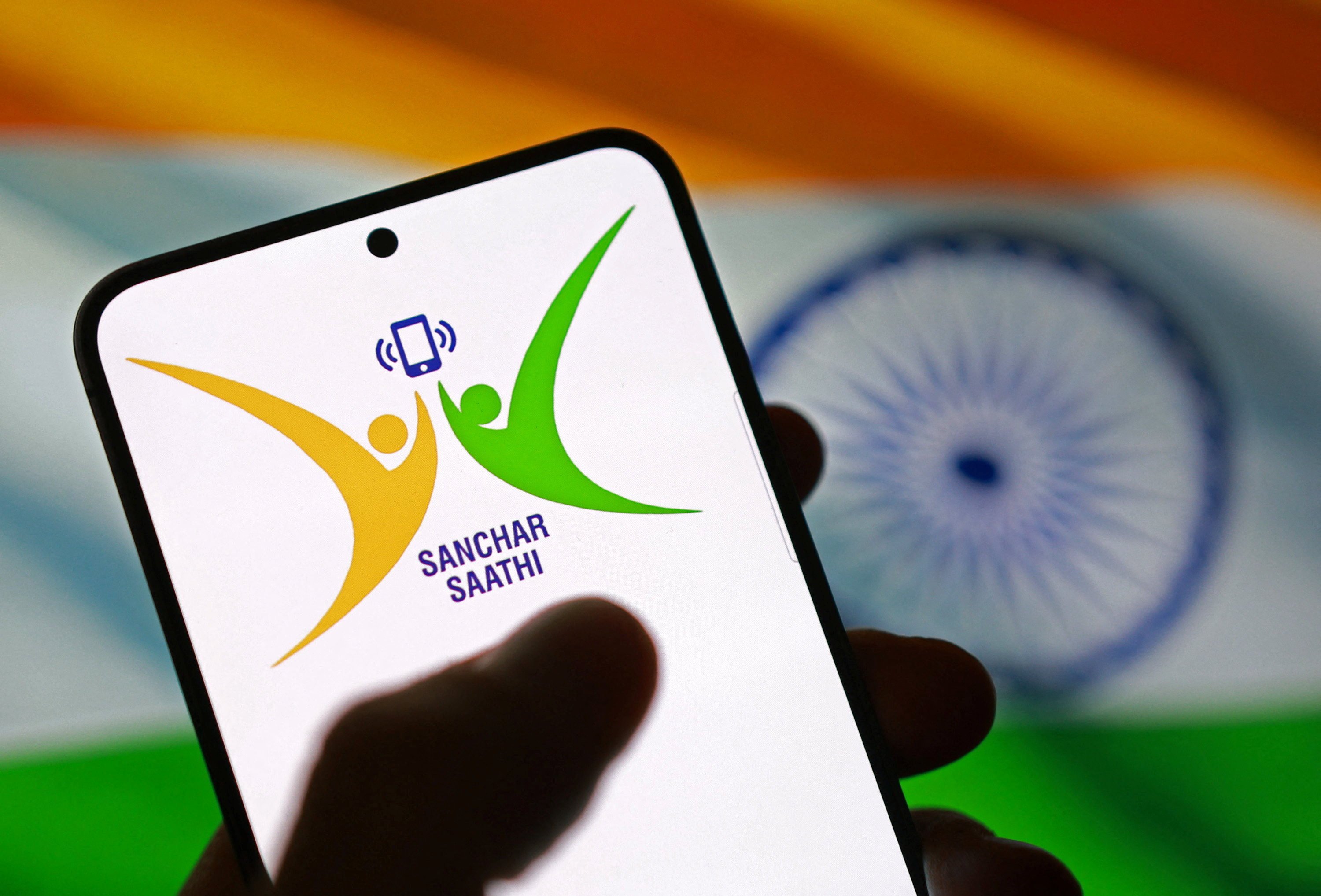The Sanchar Saathi app logo is seen on a phone. Photo: Reuters
