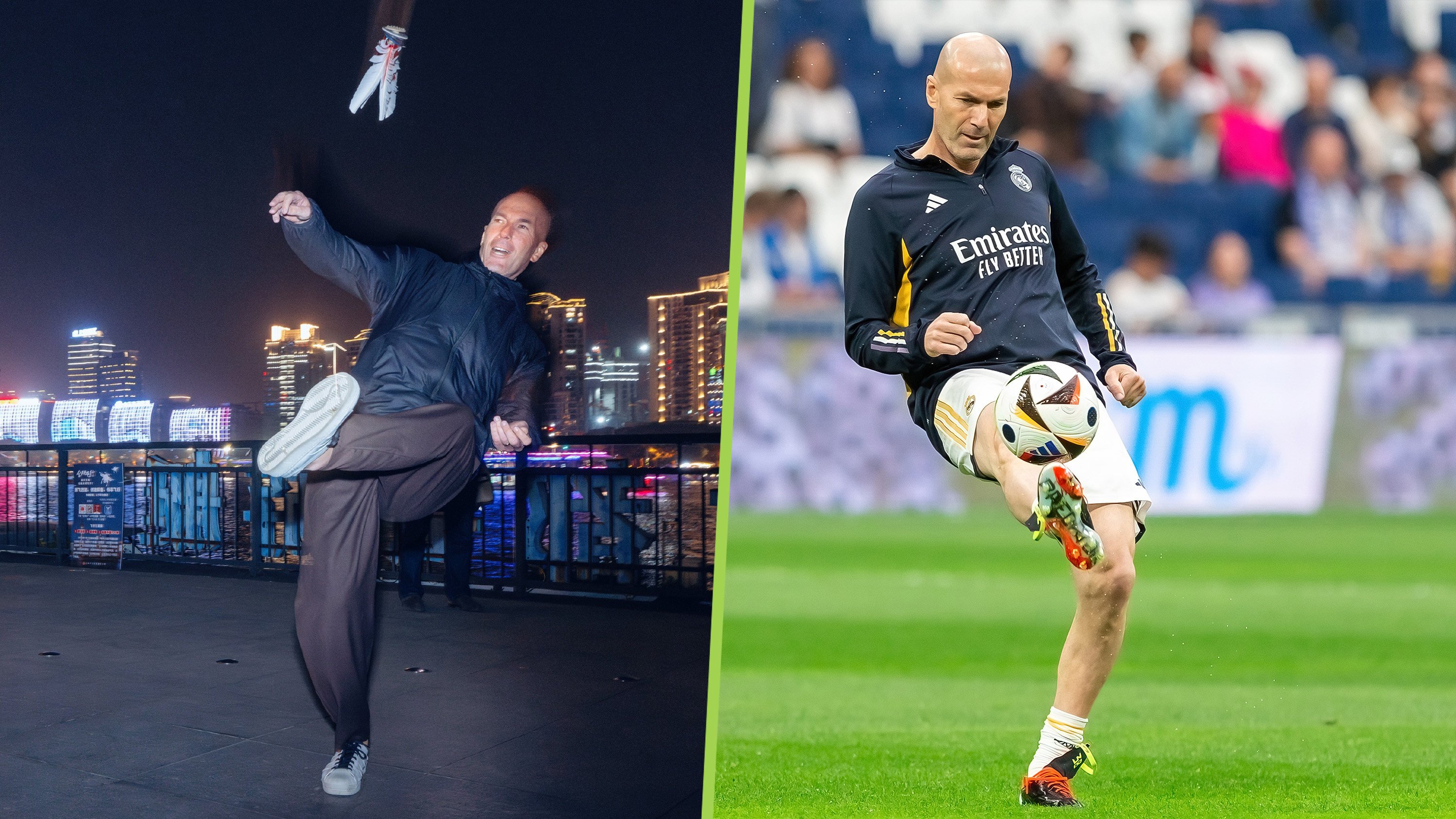 French football legend Zinedine Zidane has captivated mainland social media with videos and photos of him playing a traditional Chinese game of shuttlecock with local residents during a recent visit to Shanghai. Photo: SCMP composite/Shutterstock/Weibo