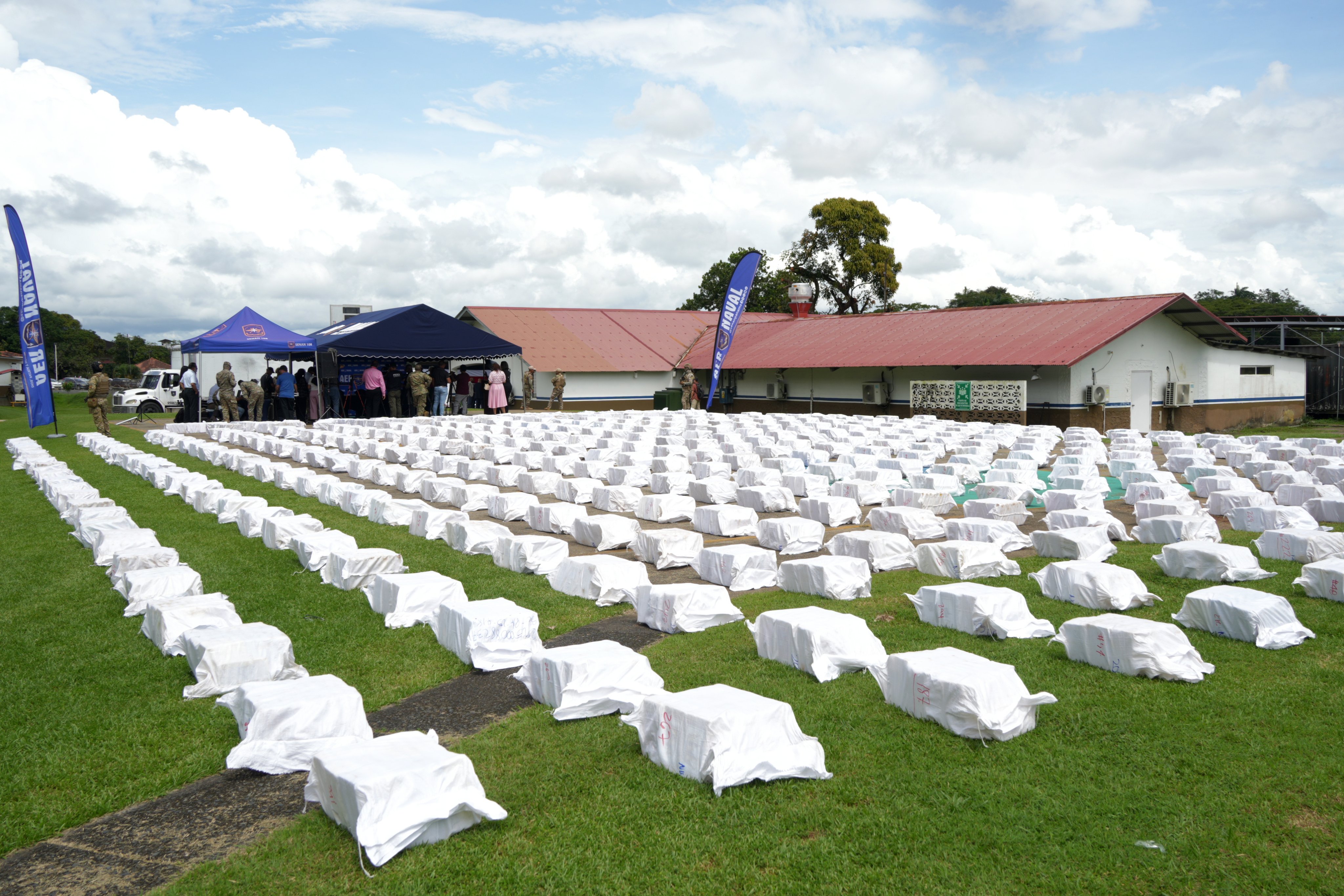 Packages of seized cocaine lined up in Panama City, Panama in November. A tugboat carrying 13,508kg of cocaine, was intercepted in Panamanian Pacific waters as it sailed to North America from Colombia, according to Panamanian authorities. Photo: EPA