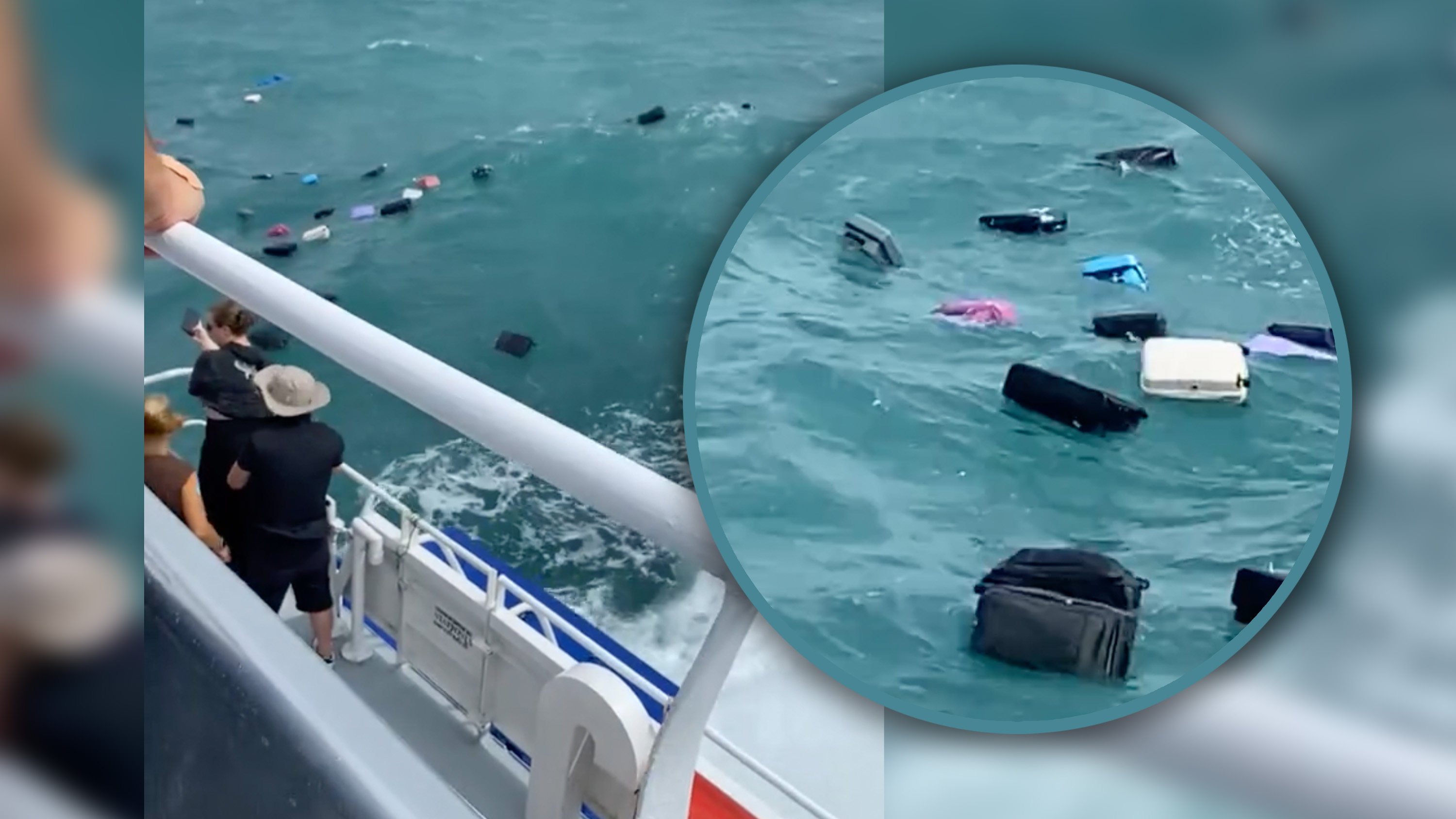 Foreign passengers on a Thai ferry were stunned to see their luggage floating away while enjoying the deck views. Photo: SCMP composite/TikTok