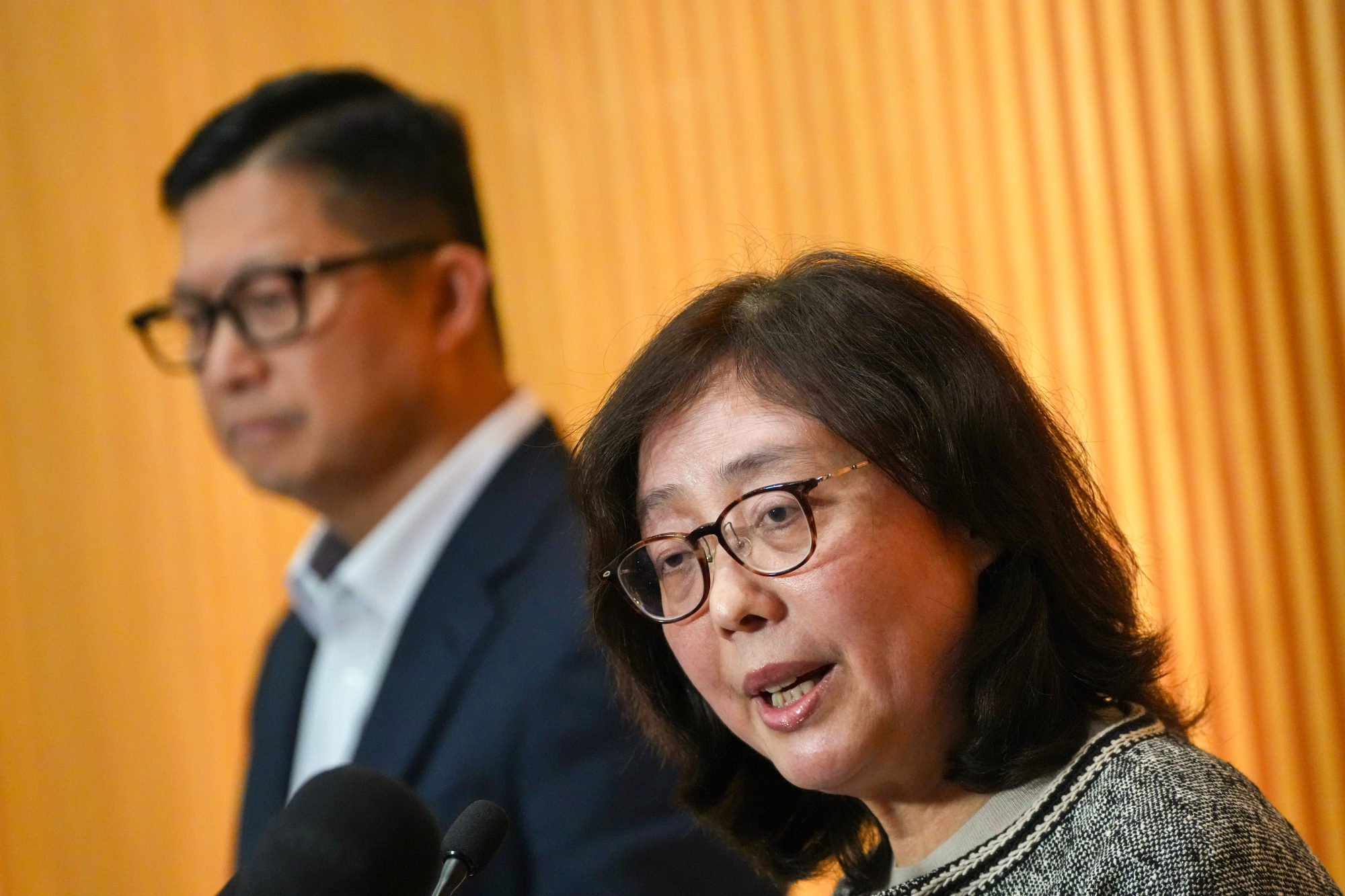 Secretary for Security Chris Tang and Secretary for Development Bernadette Linn meet the media on Wednesday. Photo: Karma Lo
