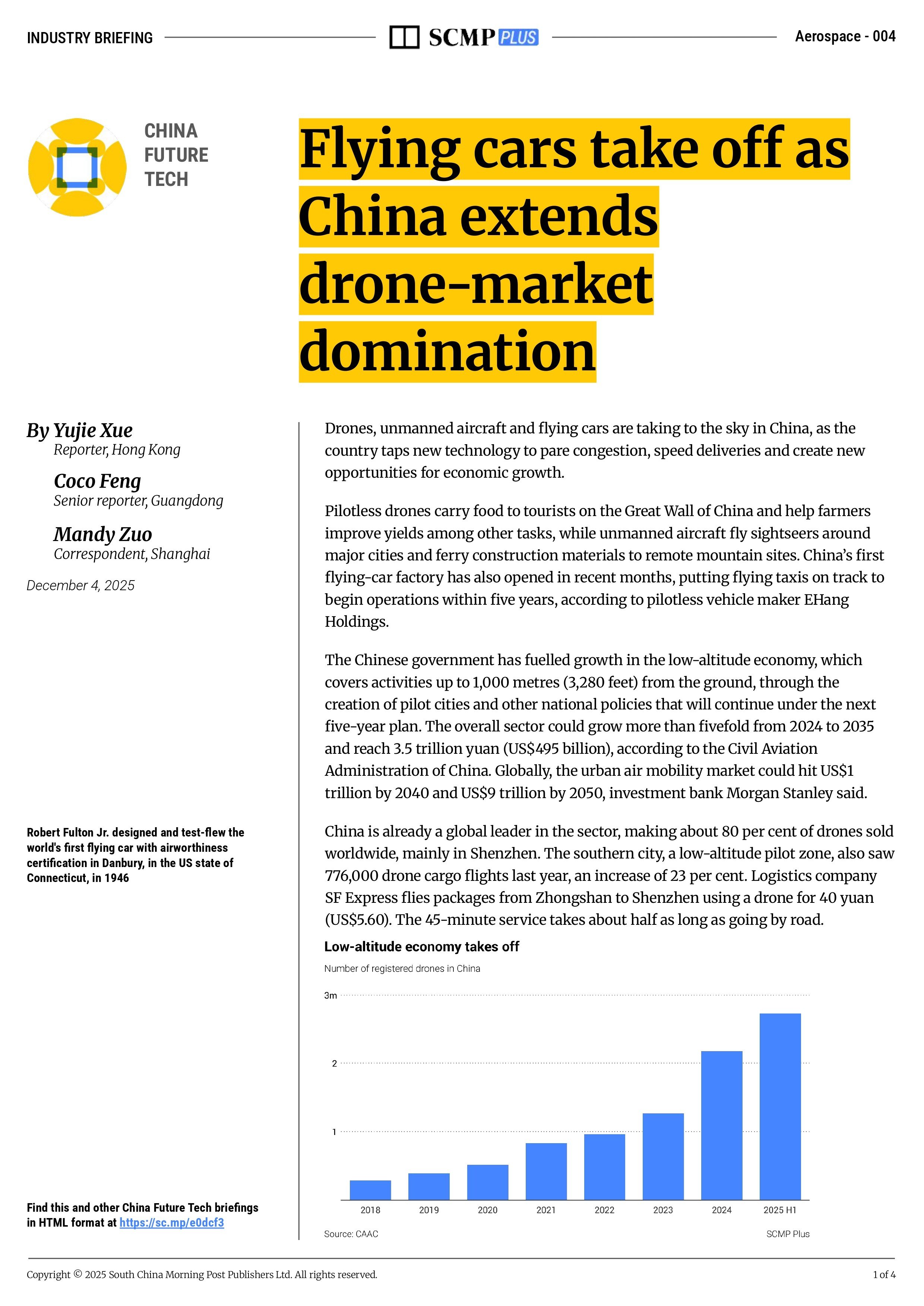 Flying cars take off as China extends drone-market domination