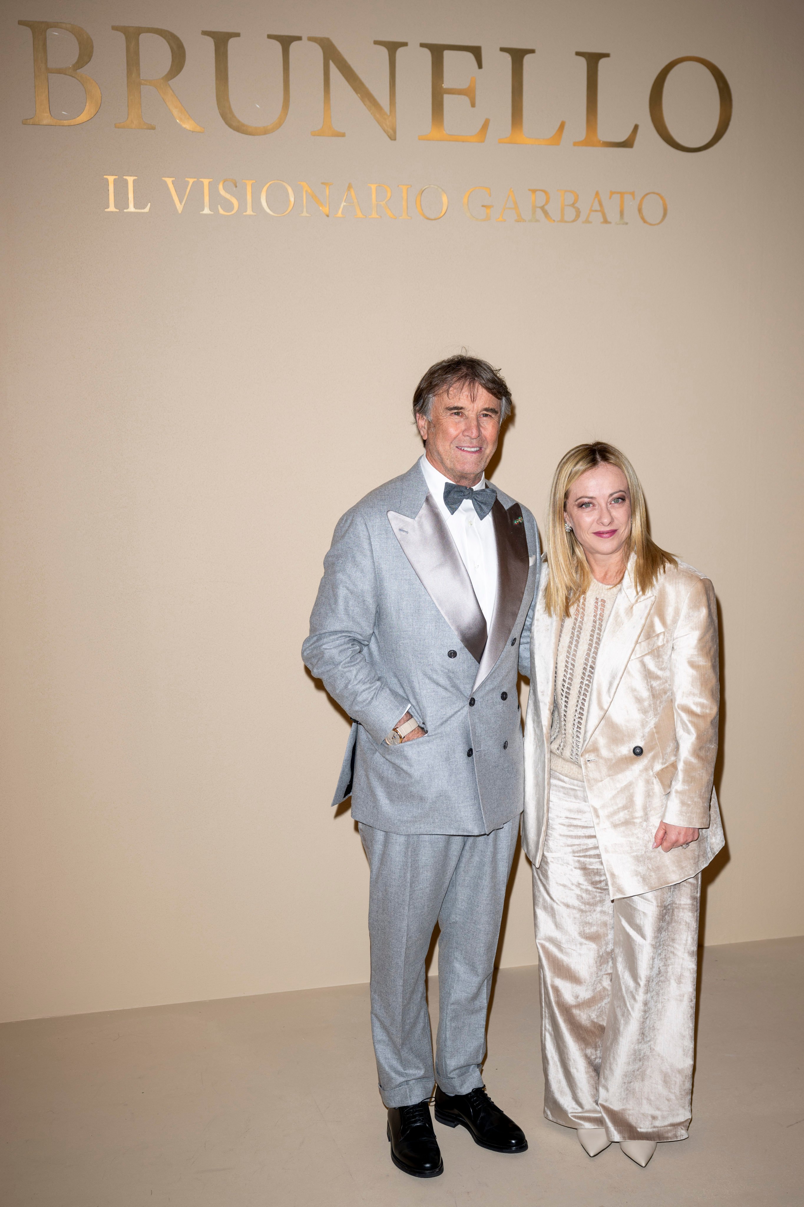 Brunello Cucinelli and Italian Prime Minister Giorgia Meloni at the Thursday premiere of Brunello, Il Visionario Garbato, in Rome. Photo: WireImage