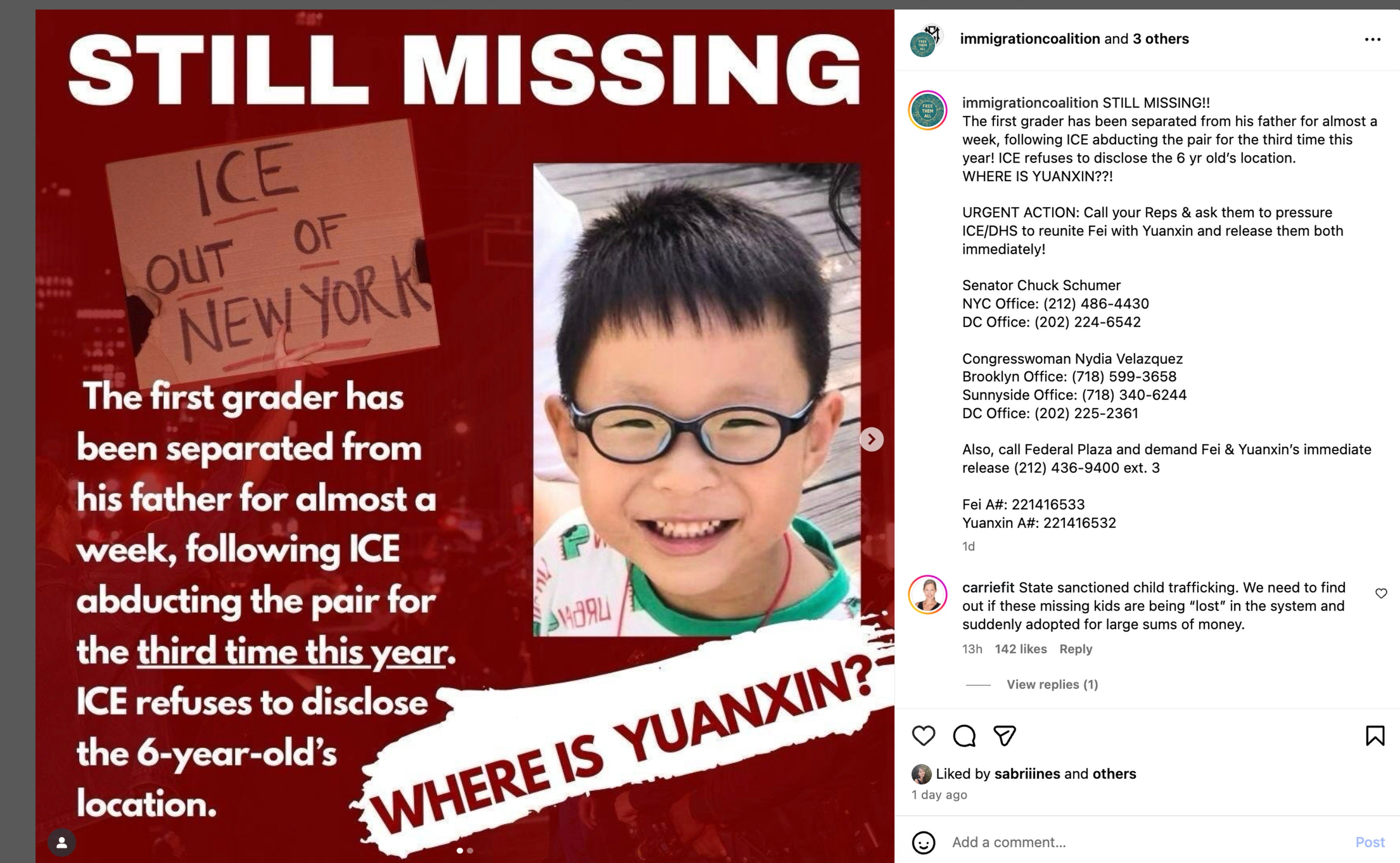 Advocacy groups in the US are urging the public to apply pressure on elected officials over concerns for a 6-year-old boy separated from his father by ICE. Photo: Instagram/ immigrationcoalition