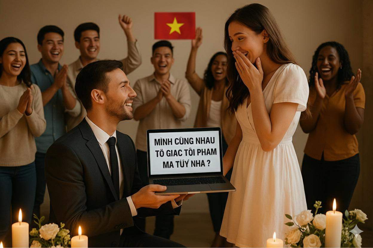 A viral social media post showing a faux wedding proposal created by an anti-drugs police unit photo in Ho Chi Minh City. Photo: Facebook/PC04.CATP