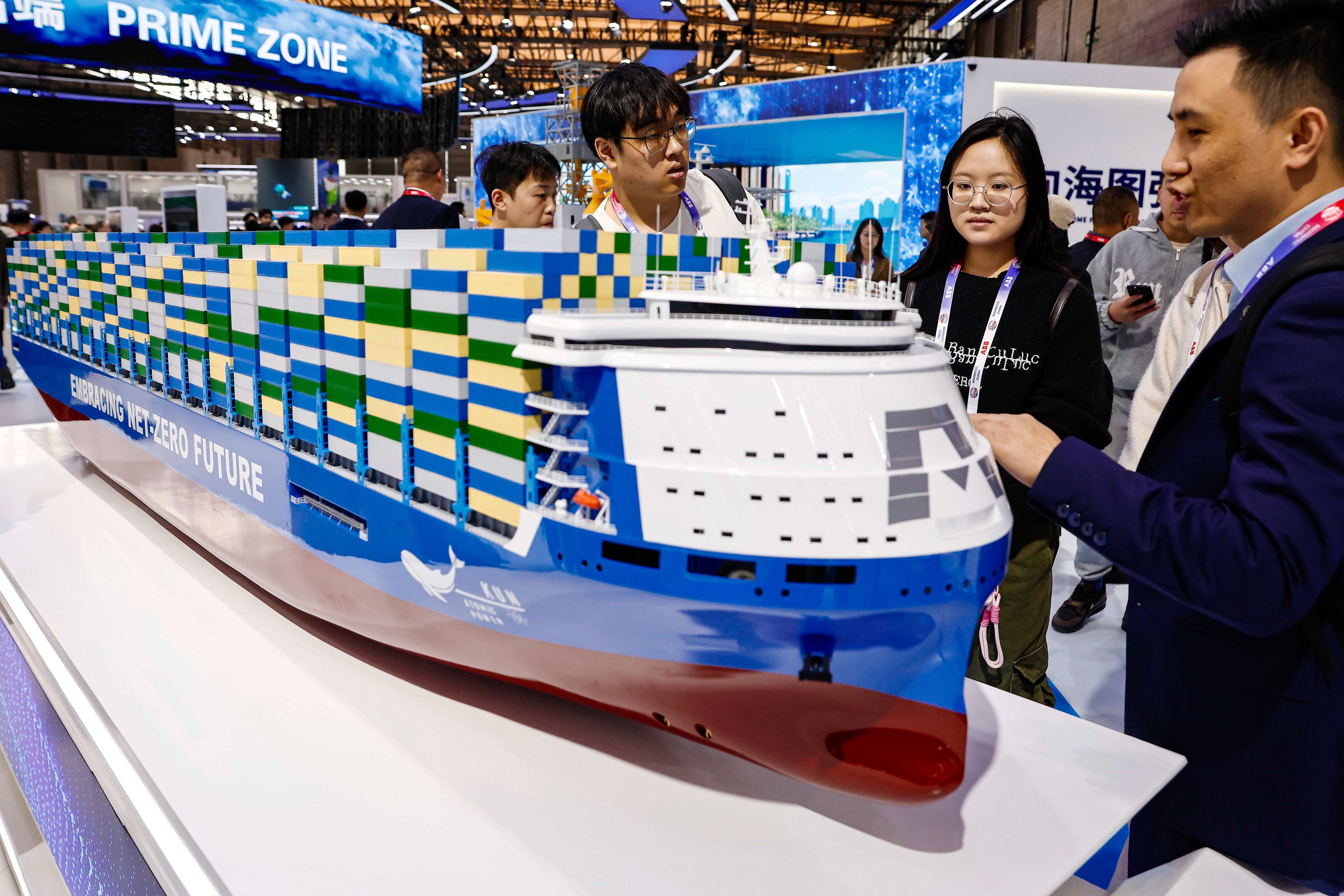 A model of a nuclear-powered container ship is displayed at the Marintec China expo in Shanghai last week. Photo: China News Service/VCG via Getty Images