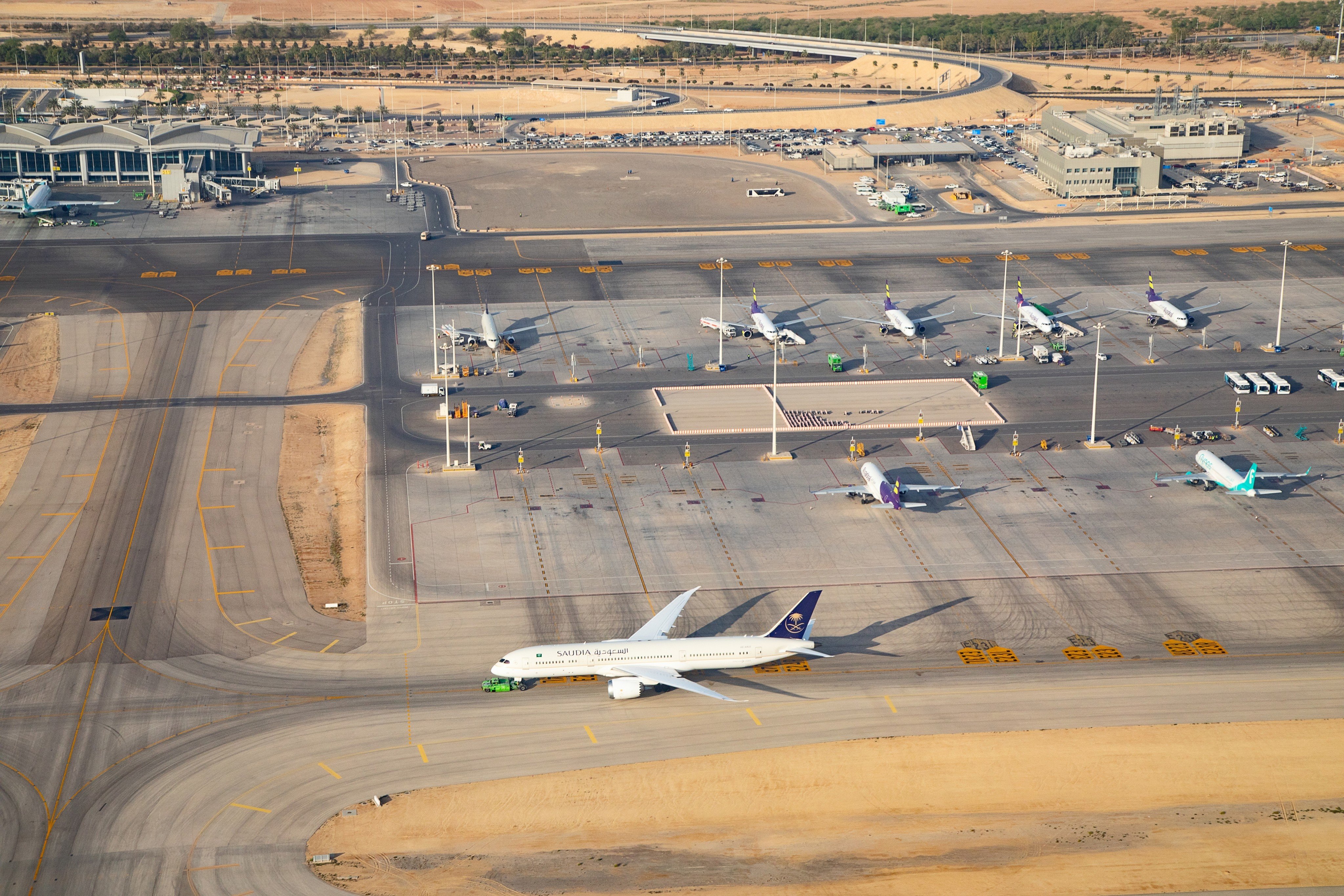 A plane prepares for take-off at King Khalid International Airport in Riyadh, Saudi Arabia, on March 05, 2023.