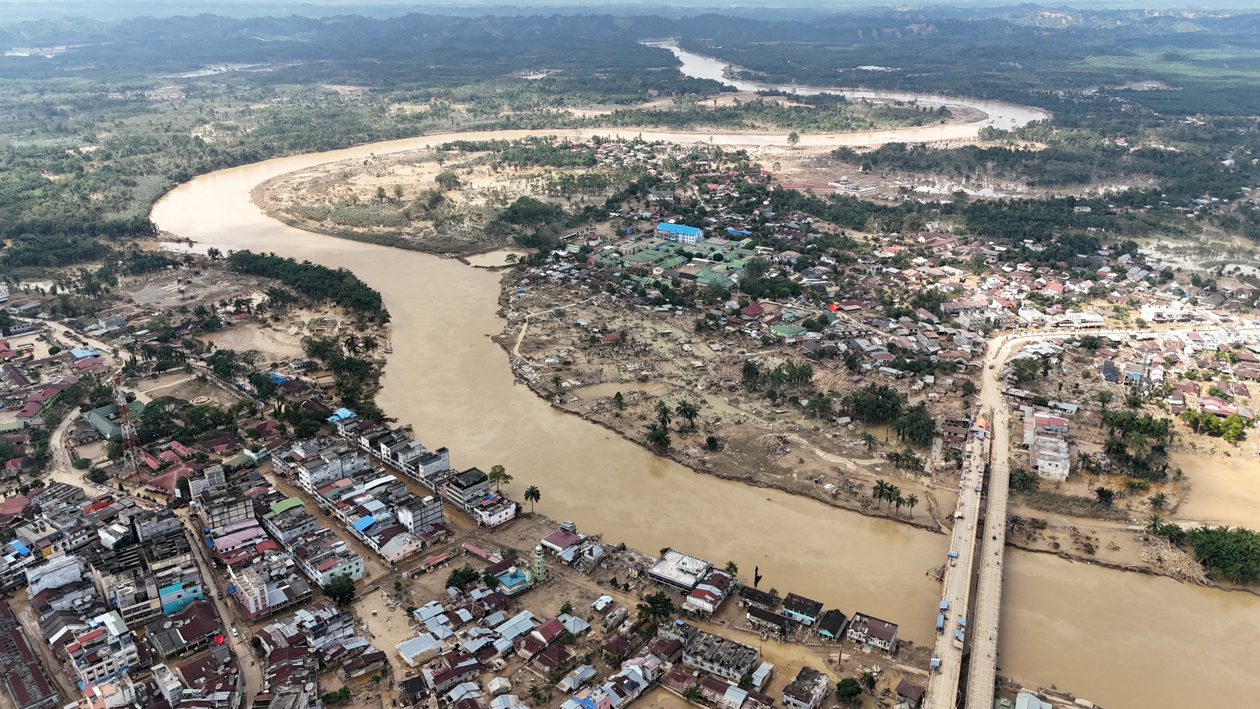 An aerial photograph shows extensive flooding in Kuala Simpang, Indonesia’s Aceh province, on Friday following heavy rains. Photo: Reuters