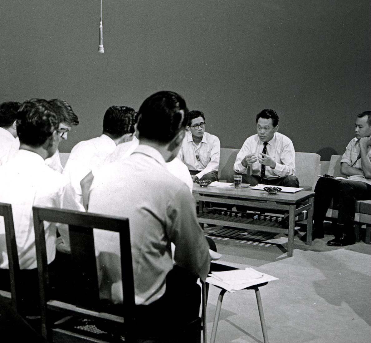 Lee Kuan Yew meeting the press on the morning of Singapore’s separation from Malaysia on August 9, 1965. Photo: Straits Times