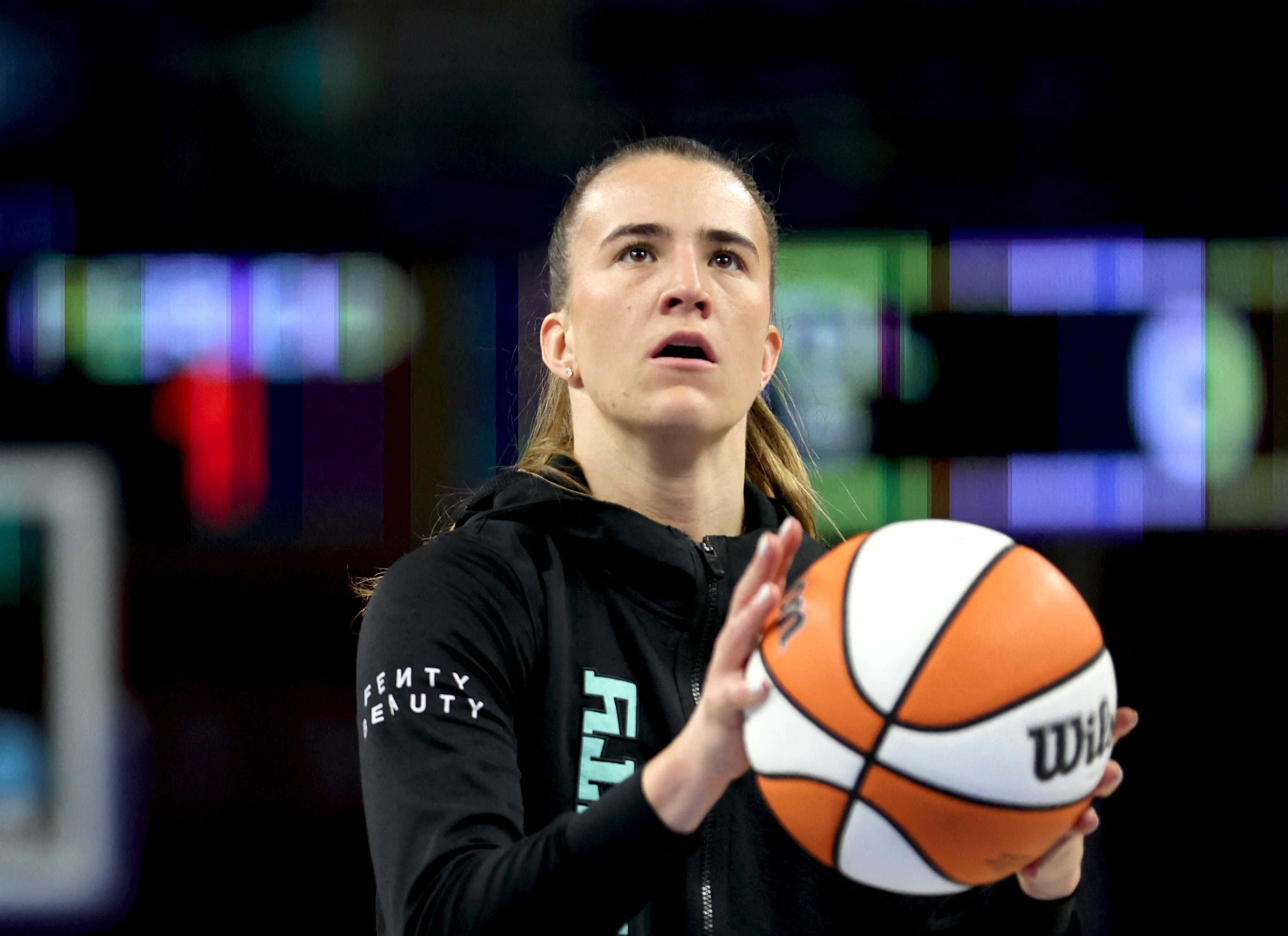 Sabrina Ionescu of the New York Liberty warms up prior to a game against the Chicago Sky on September 11, 2025, in Chicago. Photo: Getty Images via AFP