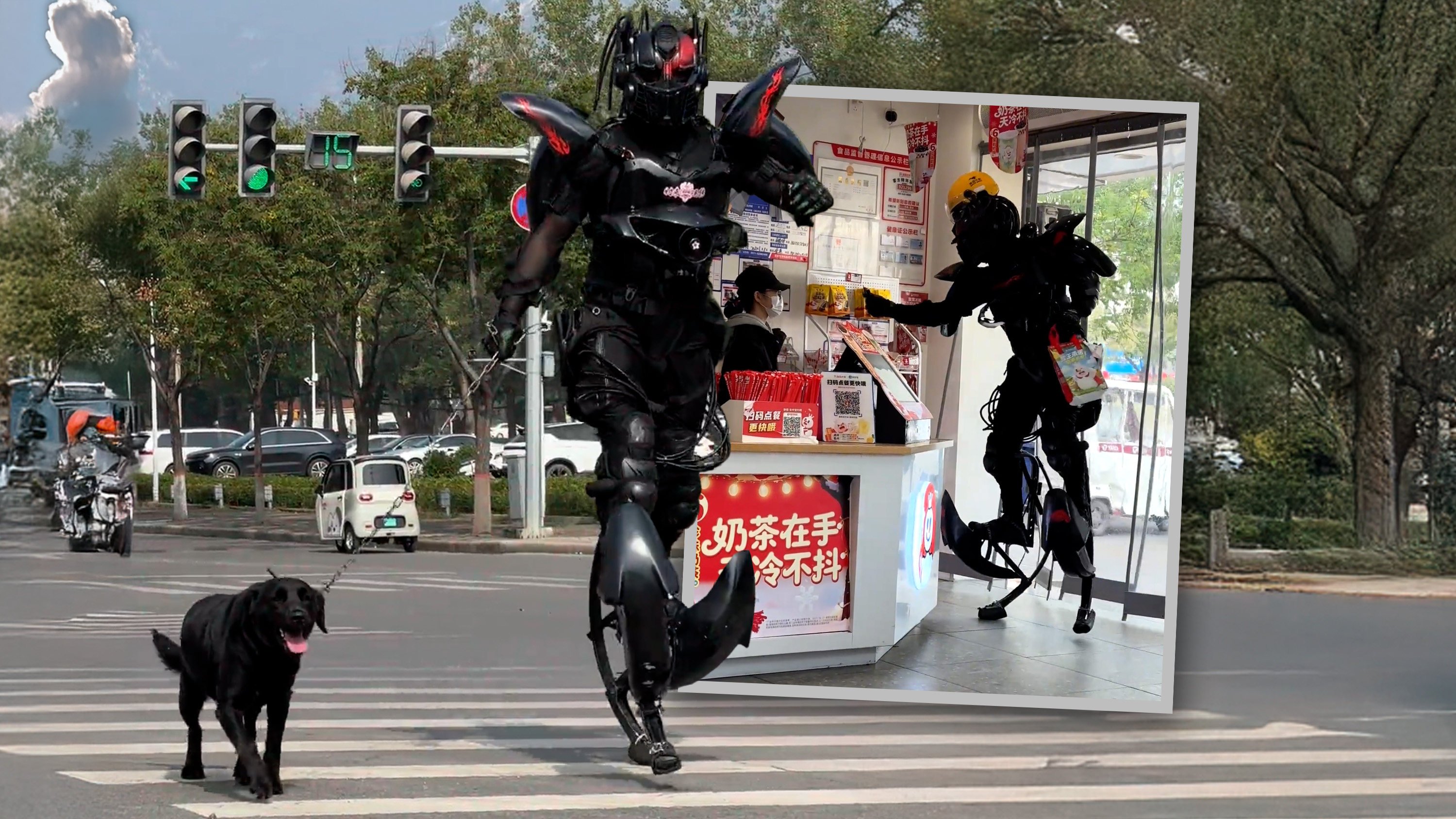 A restaurant owner in China has attracted online attention for wearing a homemade mecha suit while delivering food. Photo: Douyin