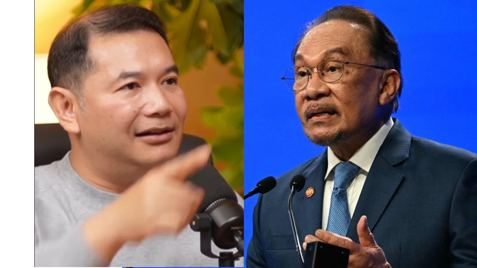 Left: Former Malaysian economy minister Rafizi Ramli on his Yang Berhenti Menteri (The Minister Who Quit) podcast. Right: Prime Minister Anwar Ibrahim. Photos: Facebook / Rafizi Ramli and AFP