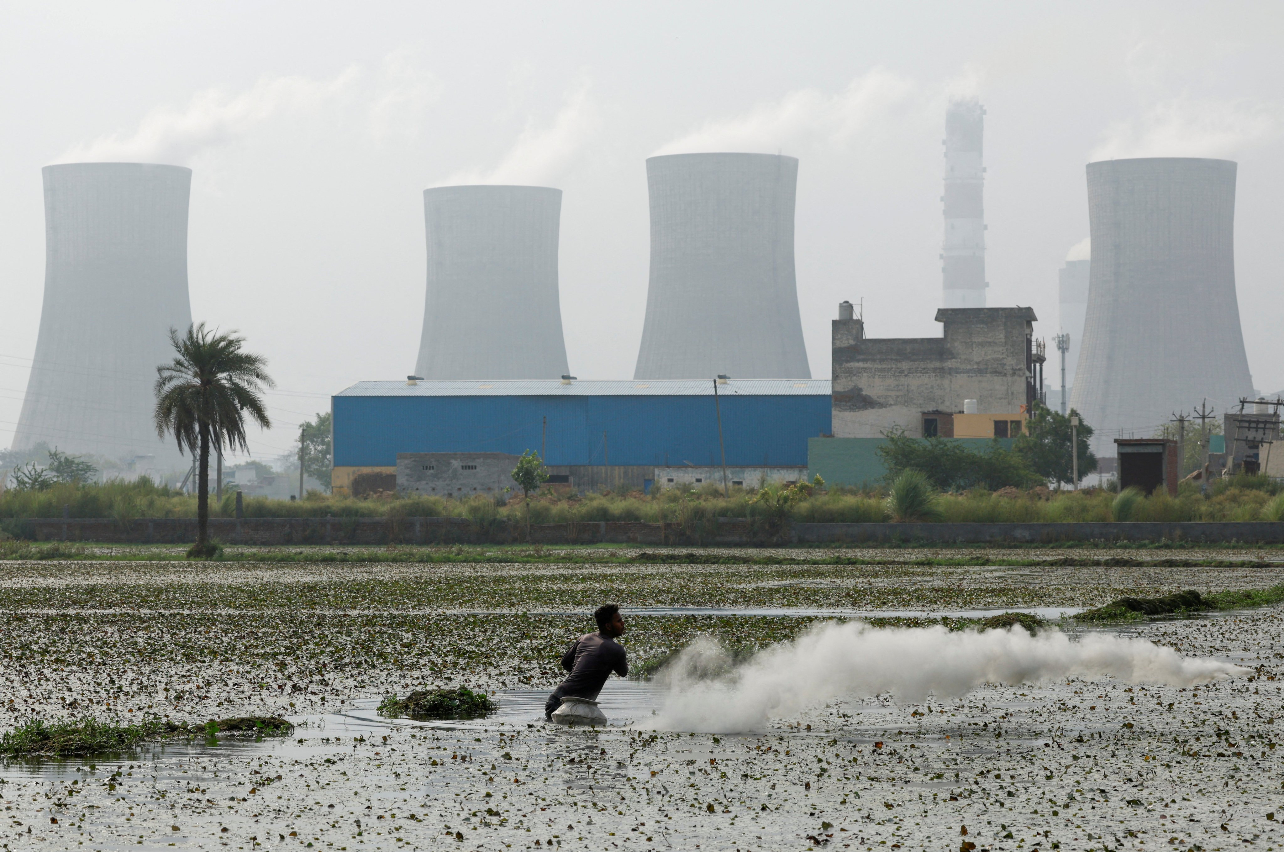 An Indian farmer sprinkles pesticide on a field as smoke rises from the chimneys of a coal power plant. The demand for coal-based power plants has risen due to prolonged heatwaves. File photo: Reuters