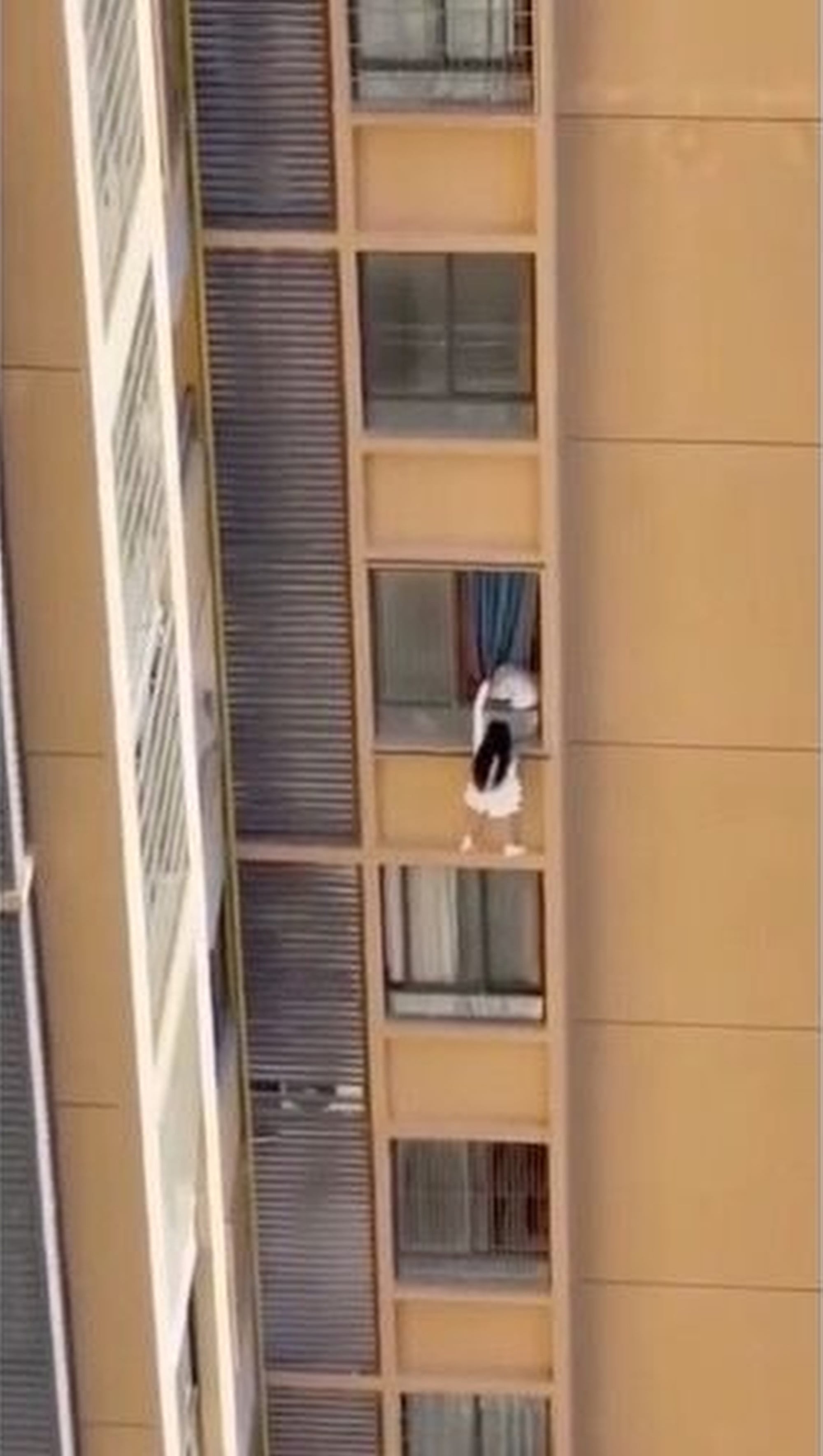 The woman is seen perched on a wall high up on the building while holding onto a curtain. Photo: ettoday.net