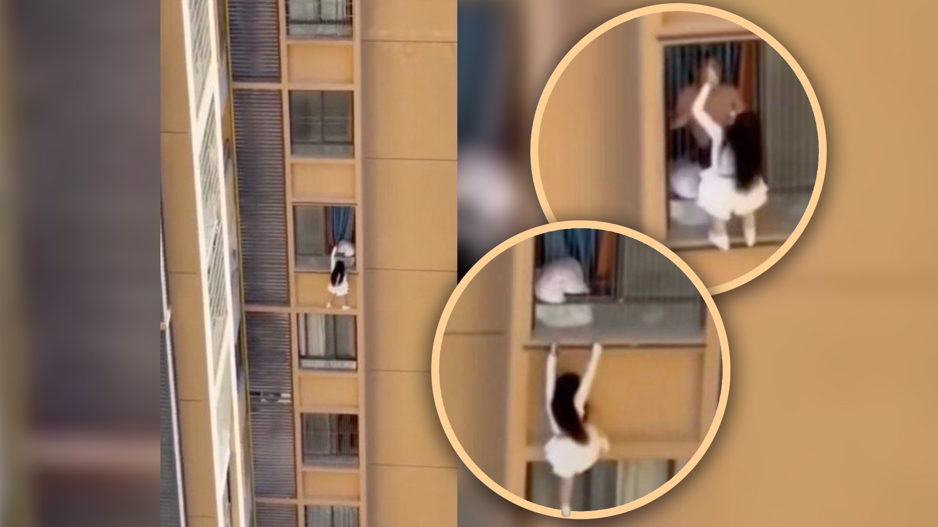 A dramatic video has surfaced showing a woman in China allegedly trying to evade her lover’s wife by scaling the exterior walls of a high-rise building. Photo: Douyin/X.com