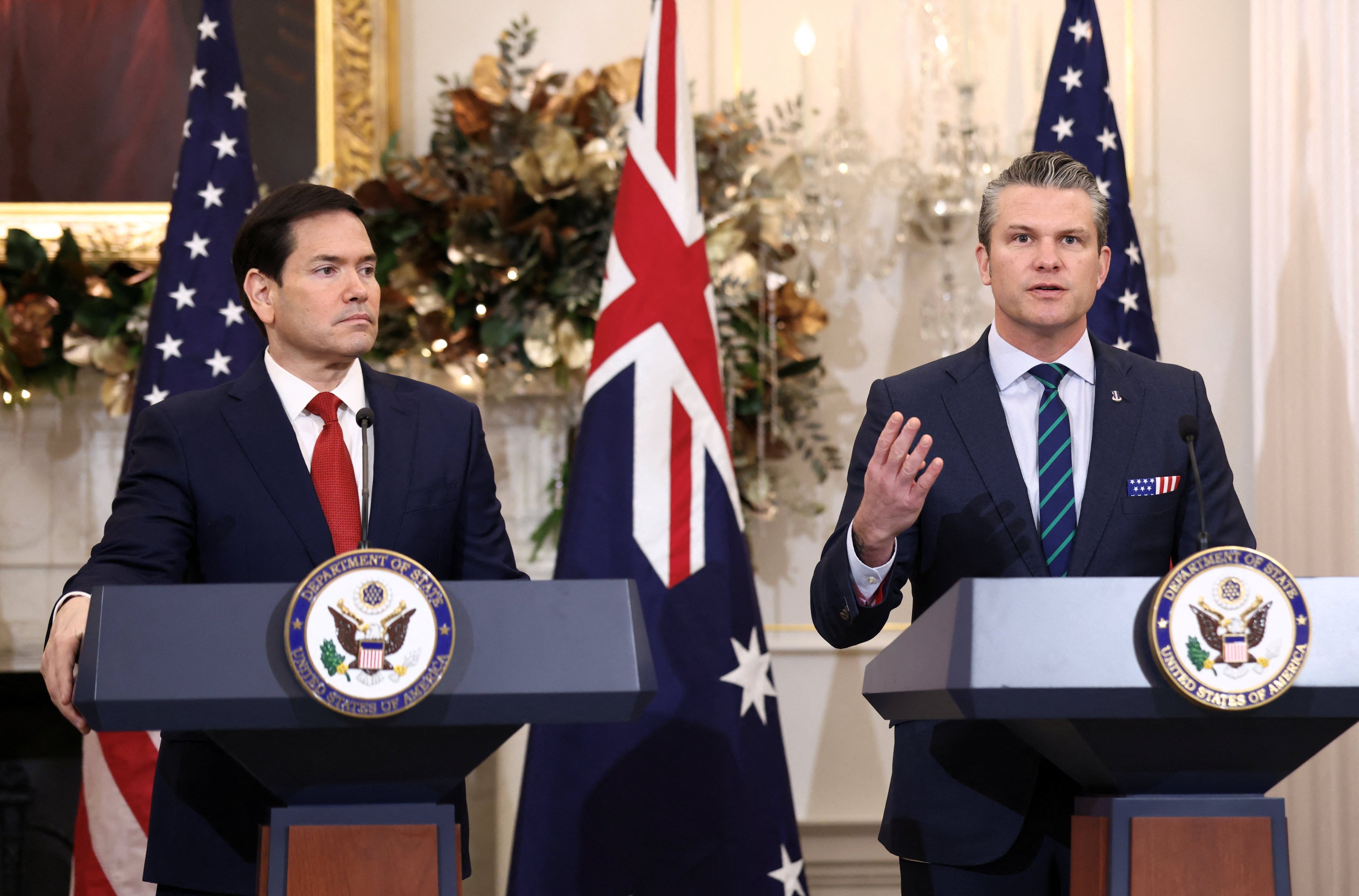 US Secretary of State Marco Rubio, left, and US Defence Secretary Pete Hegseth at the State Department in Washington on Monday. Photo: Reuters