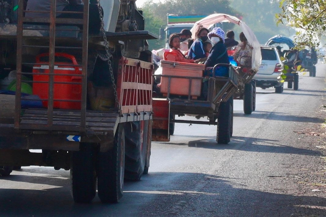 Cambodians flee renewed fighting along the border with Thailand in Oddar Meanchey province on Tuesday. Photo: EPA