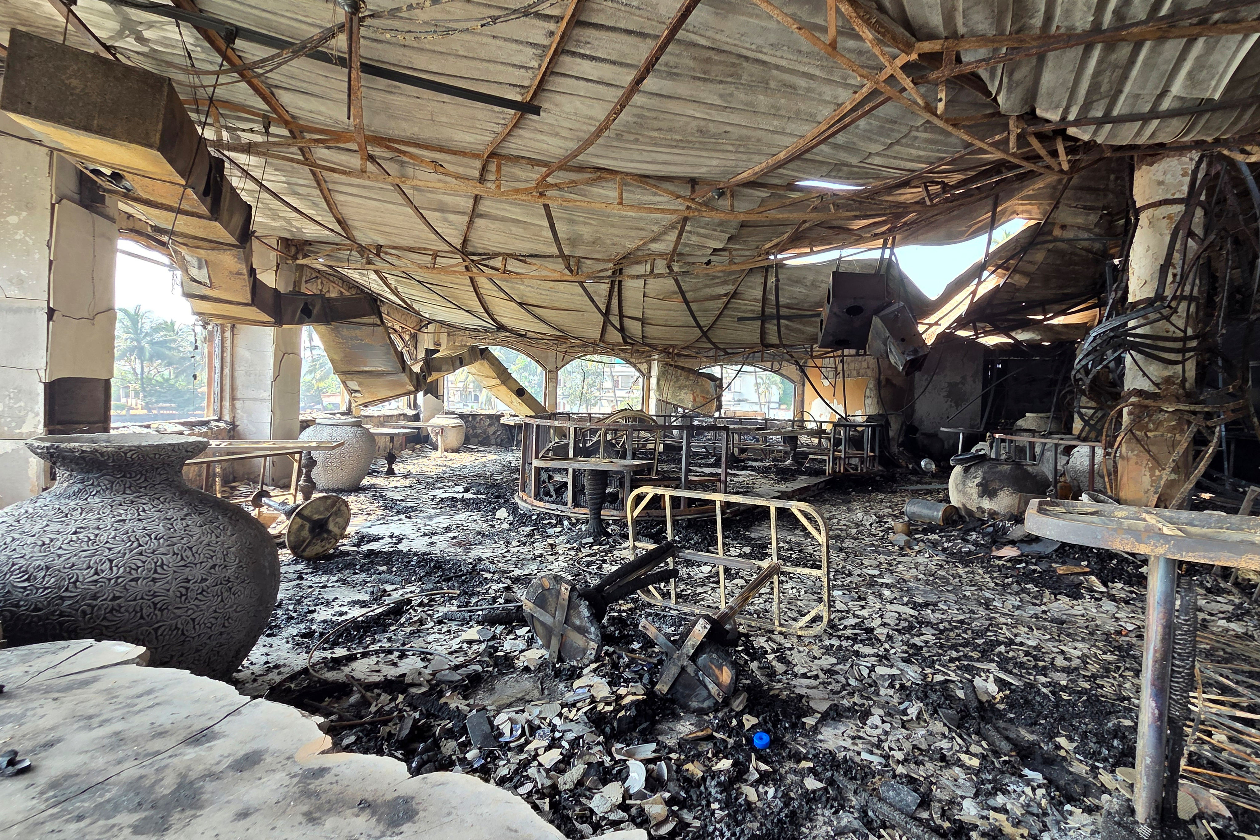 The charred interiors of a nightclub that caught fire in Goa, India, on Sunday. Photo: AP