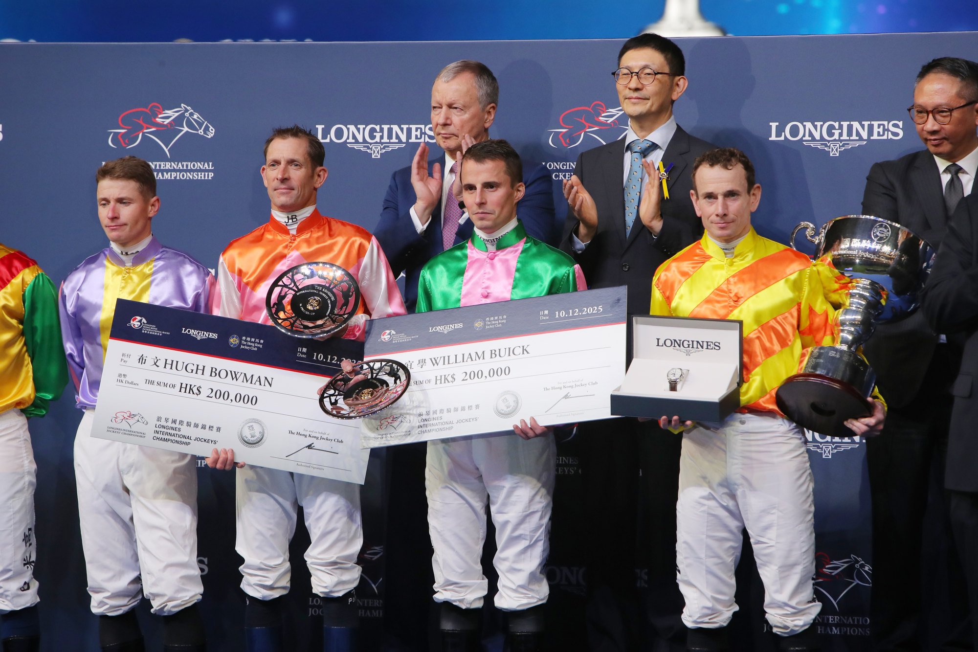 Joint runners-up Hugh Bowman and William Buick and winner Ryan Moore at the IJC presentation. Joint runners-up Hugh Bowman and William Buick and winner Ryan Moore at the IJC presentation.
