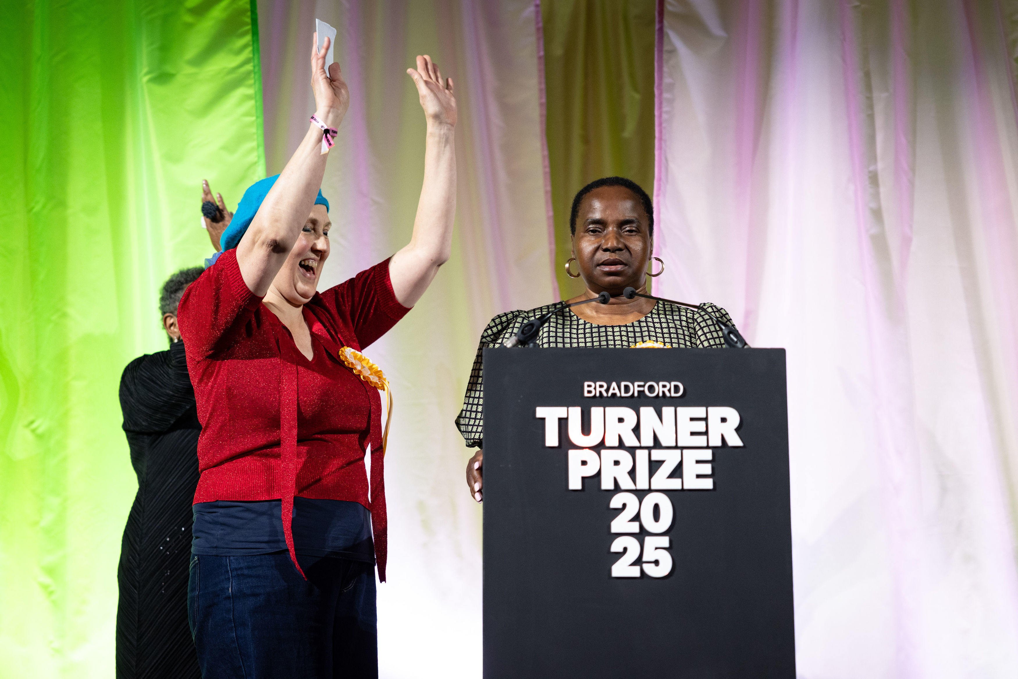 Nnena Kalu (right) is announced as the winner of the Turner Prize in Bradford, England, on Tuesday. Photo: PA via AP