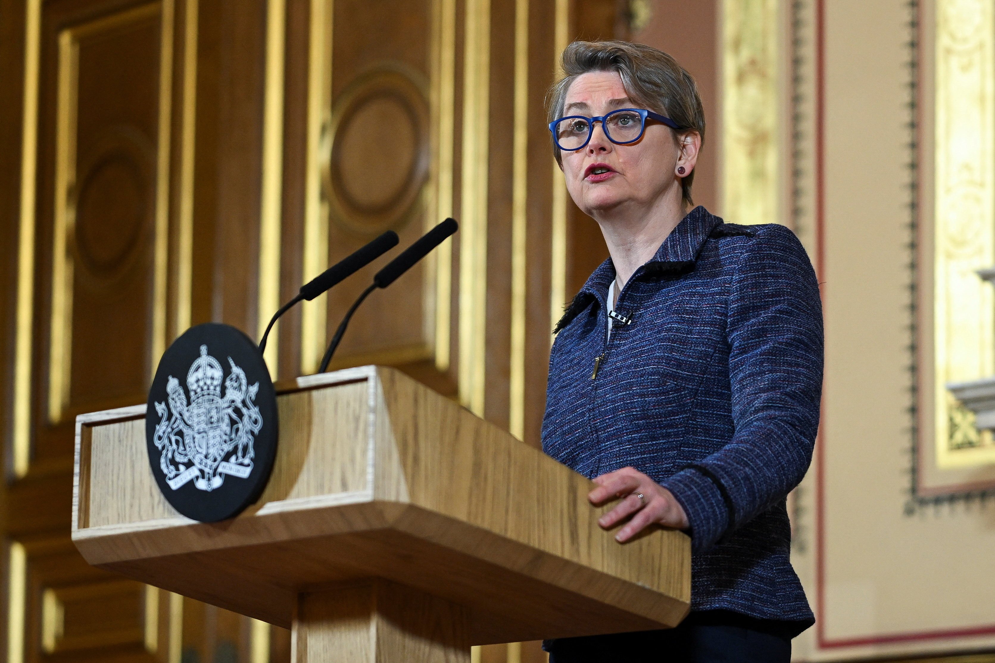 British Foreign Secretary Yvette Cooper speaks at an event marking the 100th anniversary of the Locarno Treaties in London on Tuesday. Photo: Reuters