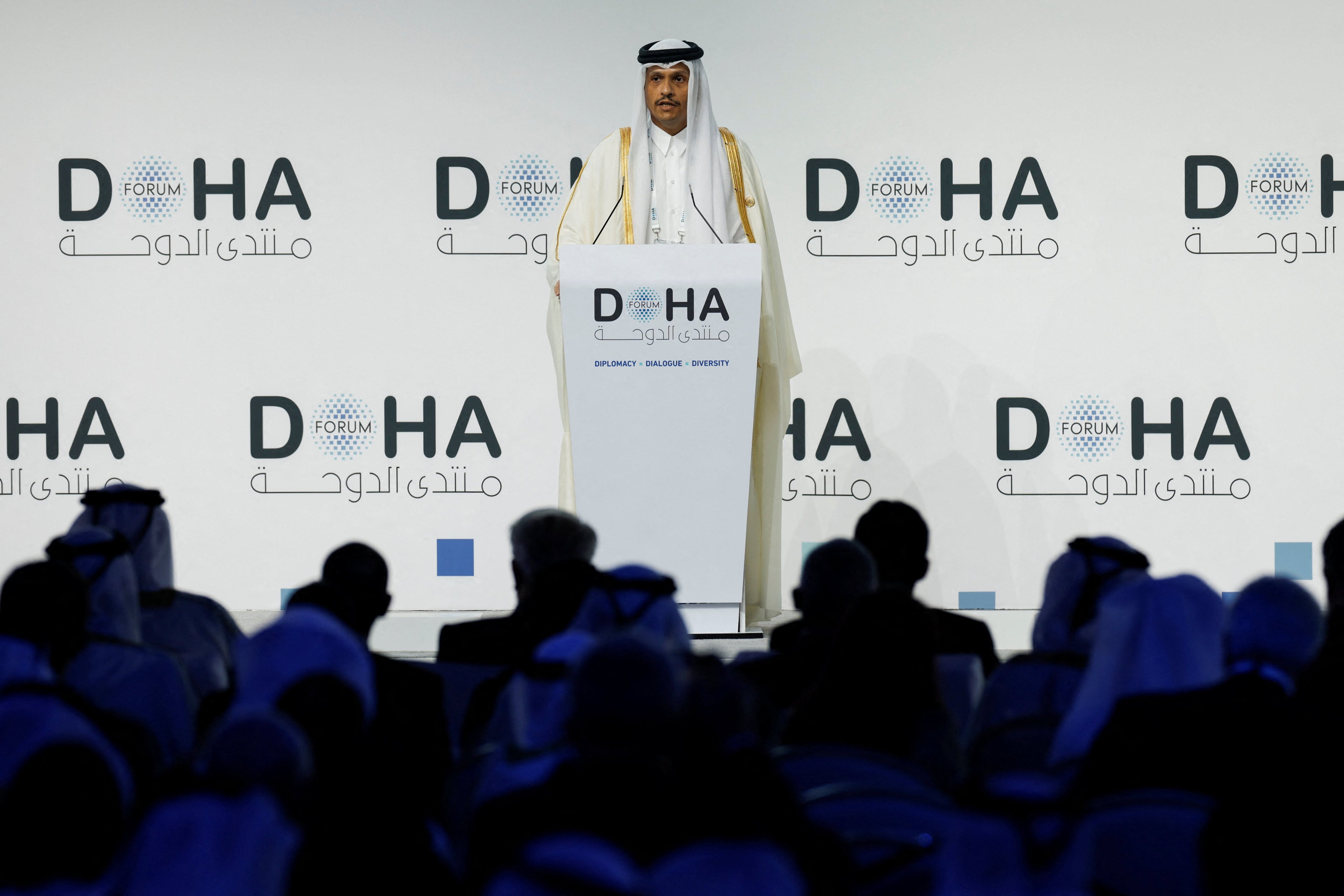 Qatar’s Prime Minister and Minister for Foreign Affairs Sheikh Mohammed bin Abdulrahman bin Jassim Al-Thani speaks on the first day of the 23rd edition of the annual Doha Forum in Qatar on December 6. Photo: Reuters