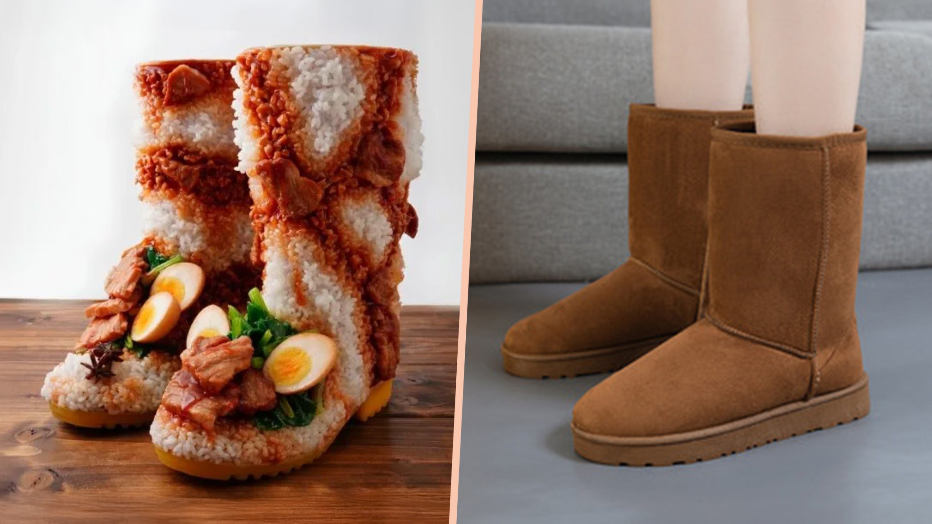 A Japanese city has launched wearable boots which resemble the iconic Taiwan-style braised pork rice dish. Photo: SCMP composite/Taobao/rakuten.co.jp