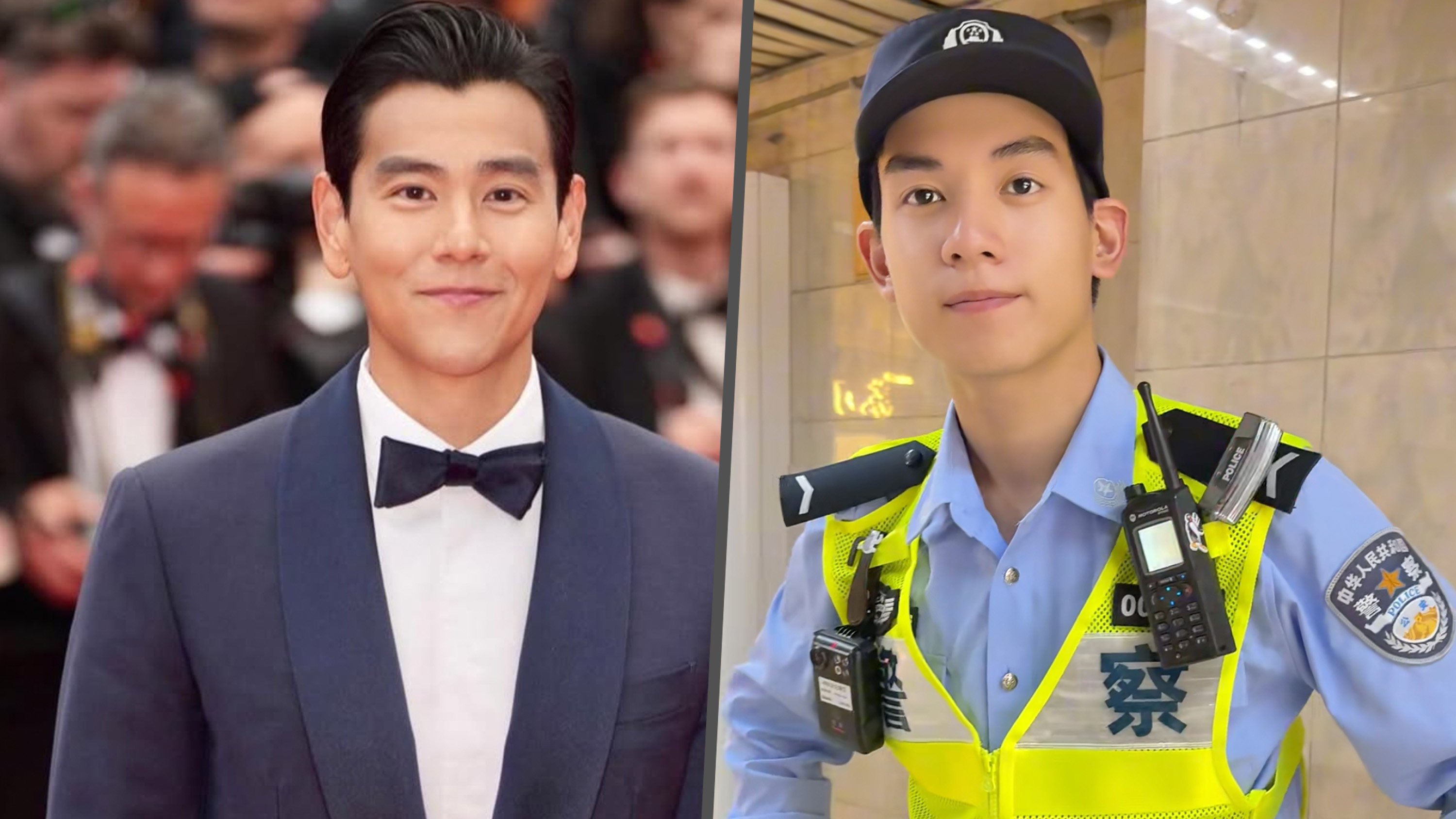 A rookie police officer in China who resembles Taiwan actor Eddie Peng has gone viral, with his video attracting more than one million likes. Photo: SCMP composite/RedNote/IG@yuyanpeng